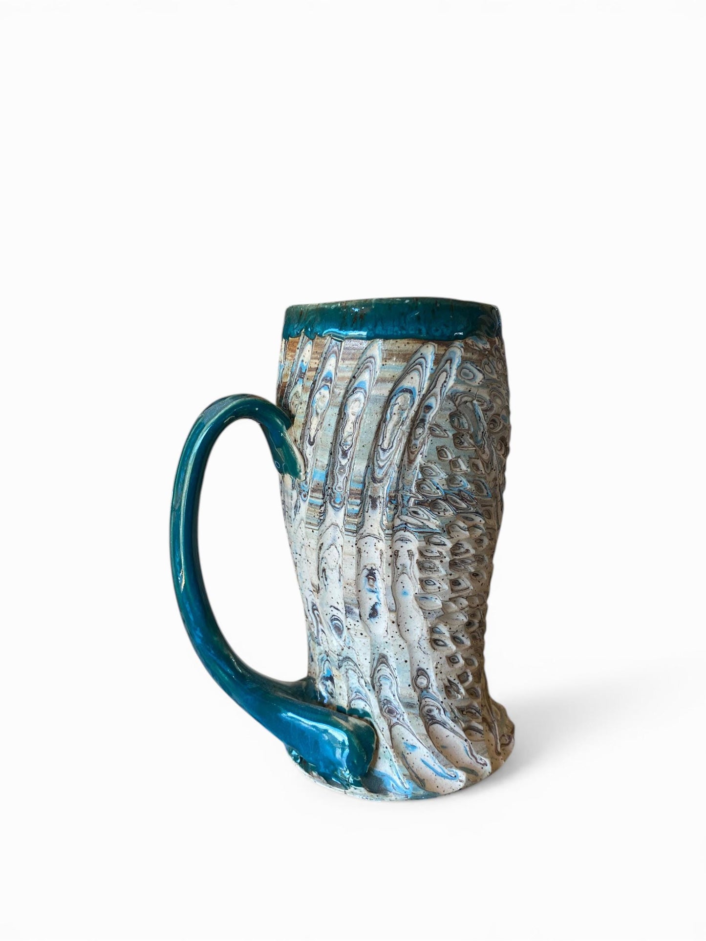 Fluted Porcelain Mug – Swirled Colored Clays with Japanese Neriage, Hand-Carved, Satin-Smooth Unglazed Pottery (T-7)