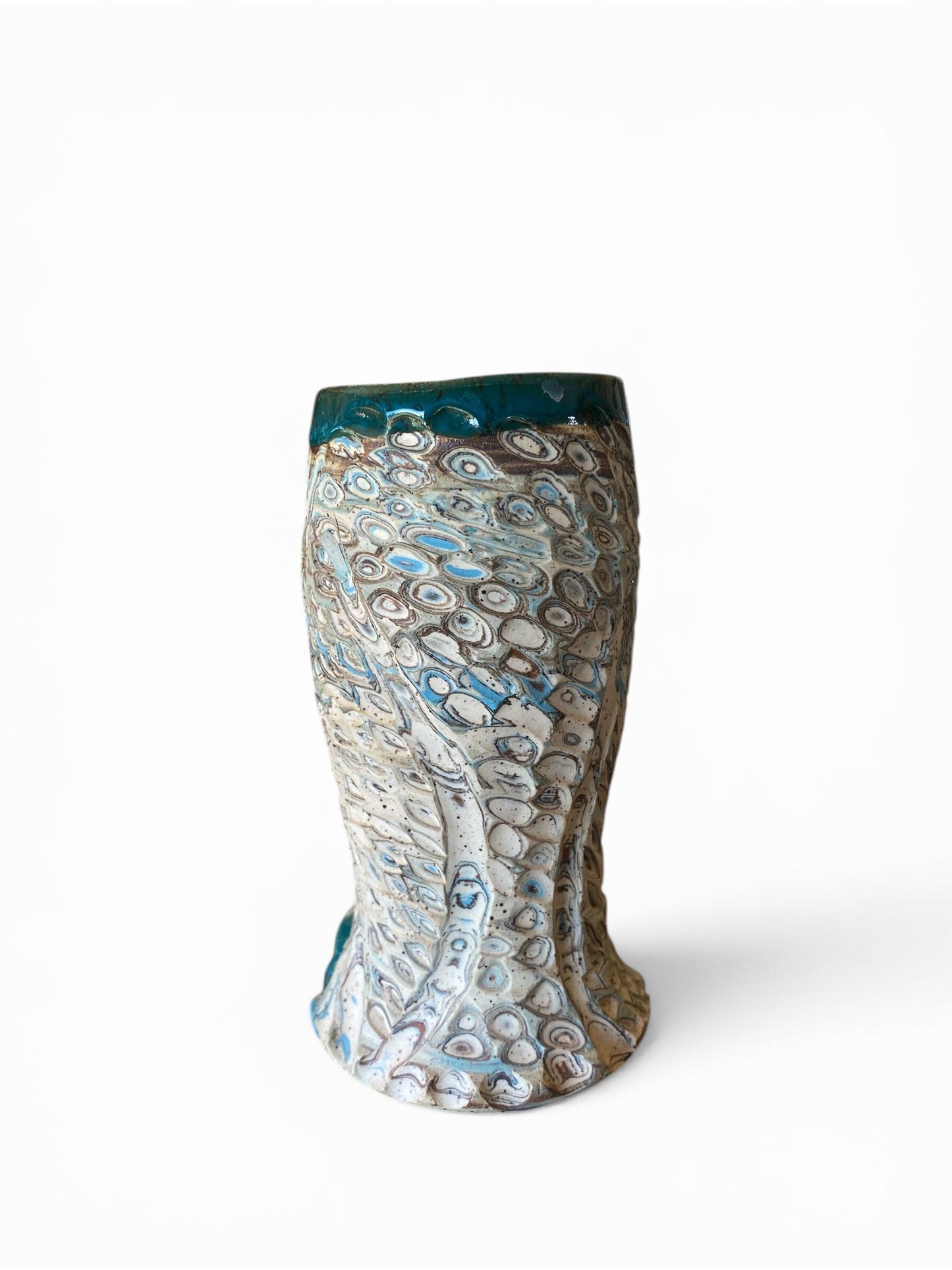 Fluted Porcelain Mug – Swirled Colored Clays with Japanese Neriage, Hand-Carved, Satin-Smooth Unglazed Pottery (T-7)
