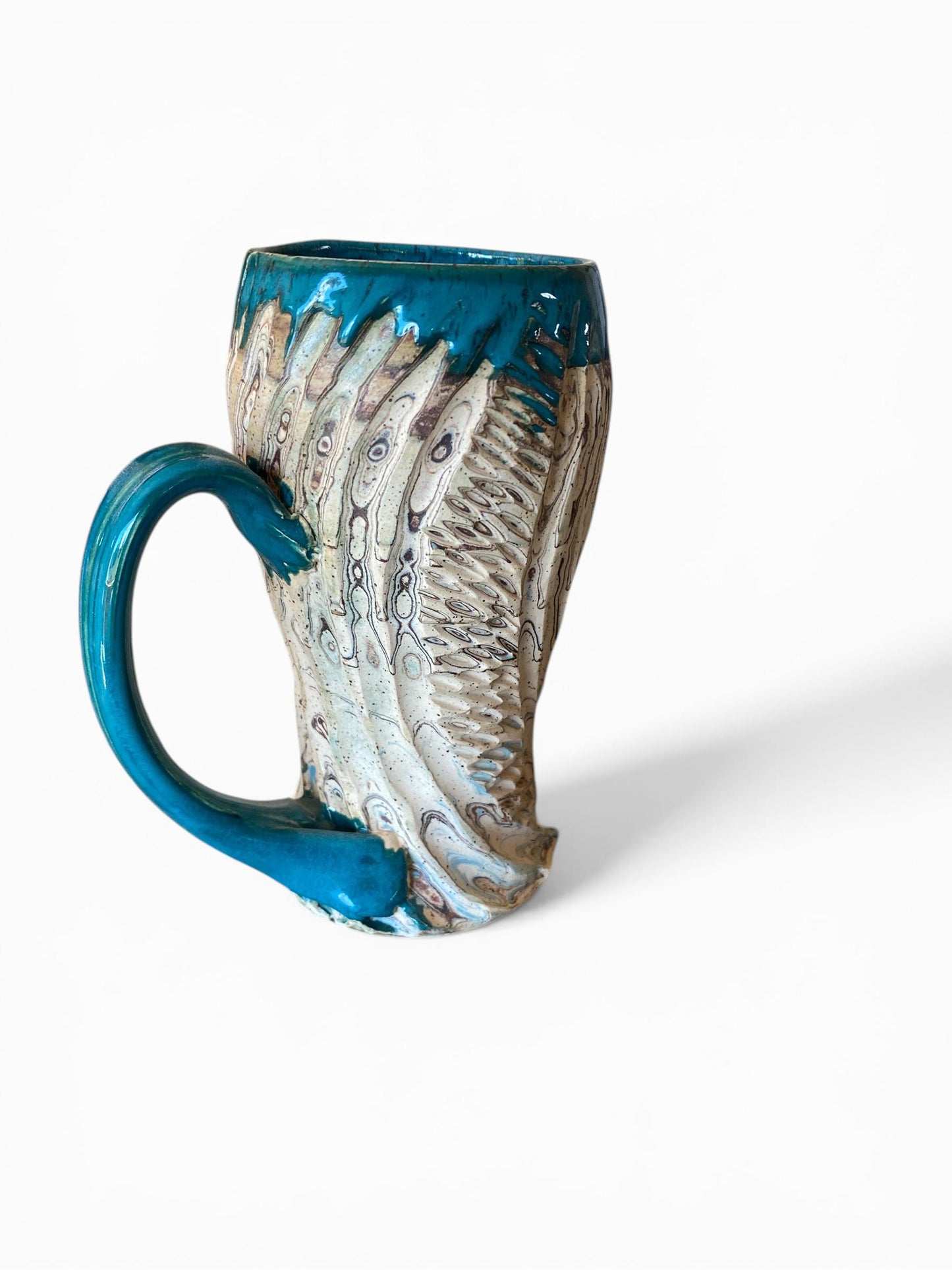 Fluted Porcelain Mug – Swirled Colored Clays with Japanese Neriage, Hand-Carved, Satin-Smooth Unglazed Pottery (T-8)