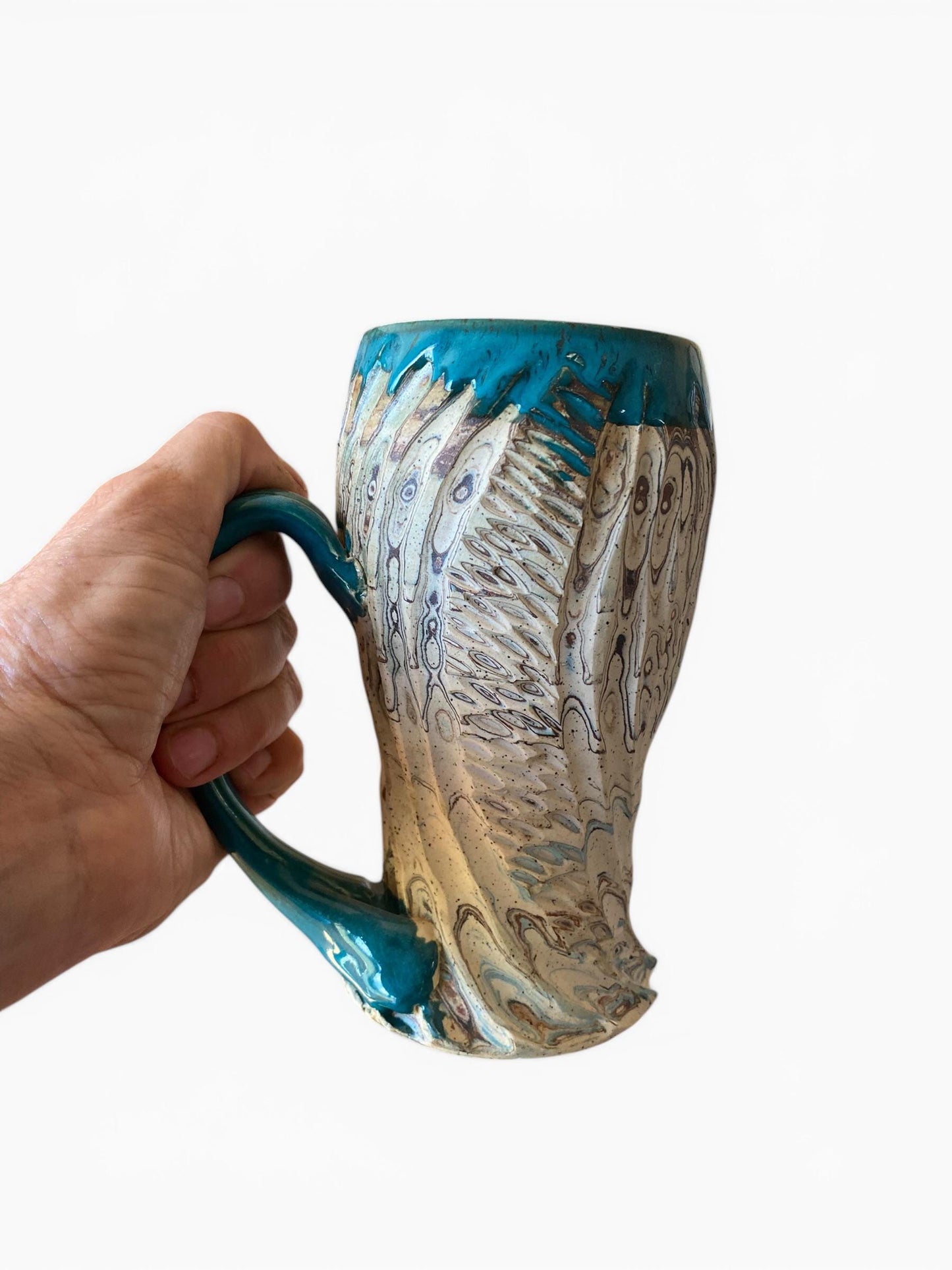 Fluted Porcelain Mug – Swirled Colored Clays with Japanese Neriage, Hand-Carved, Satin-Smooth Unglazed Pottery (T-8)