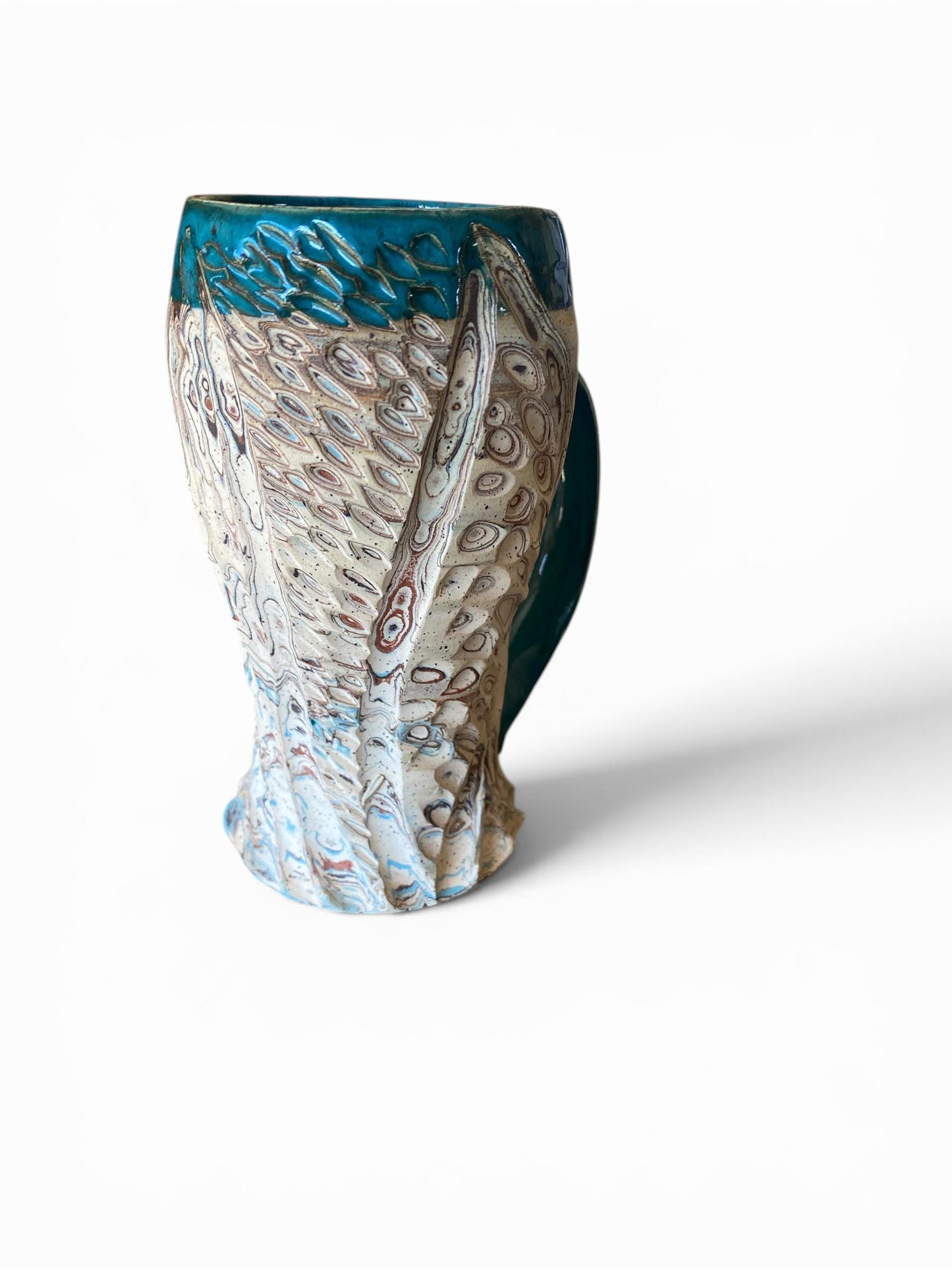 Fluted Porcelain Mug – Swirled Colored Clays with Japanese Neriage, Hand-Carved, Satin-Smooth Unglazed Pottery (T-8)