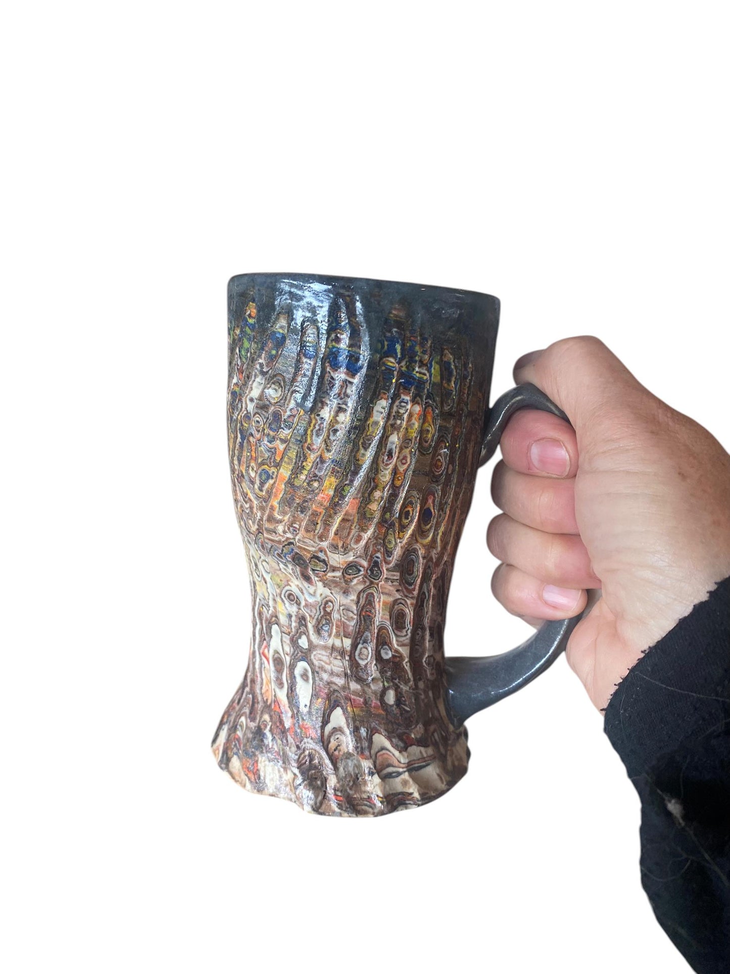 Artisanal Fluted 16 Ounce Porcelain Mug: Neriage Swirled Clays, Hand-Carved Satin-Smooth Unglazed Pottery (AG-4)