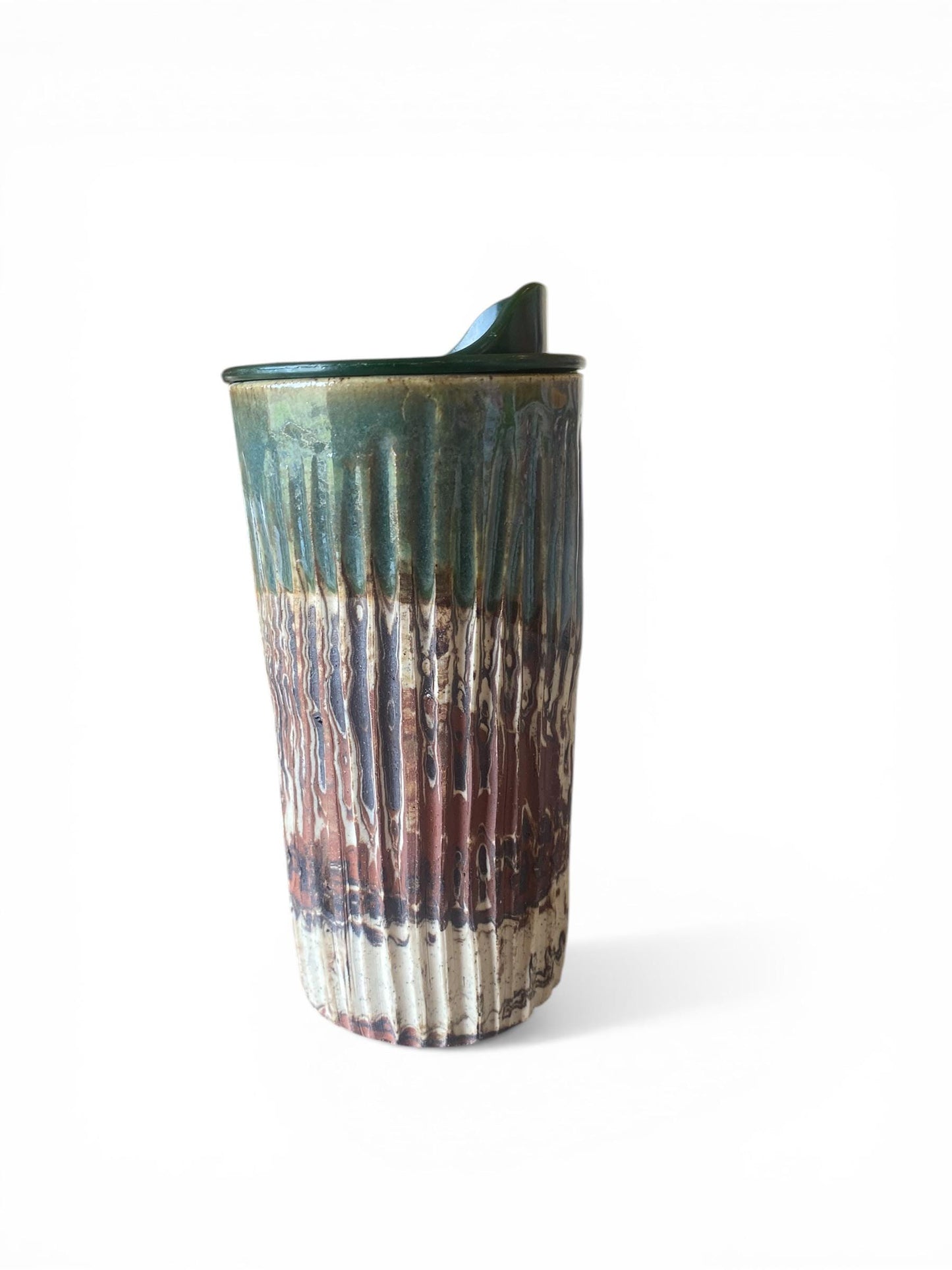 Handmade Agateware 16 OunceTravel Mug - Carved Pottery Coffee Cup, Hand Thrown Commuter Tumbler (AG-2)