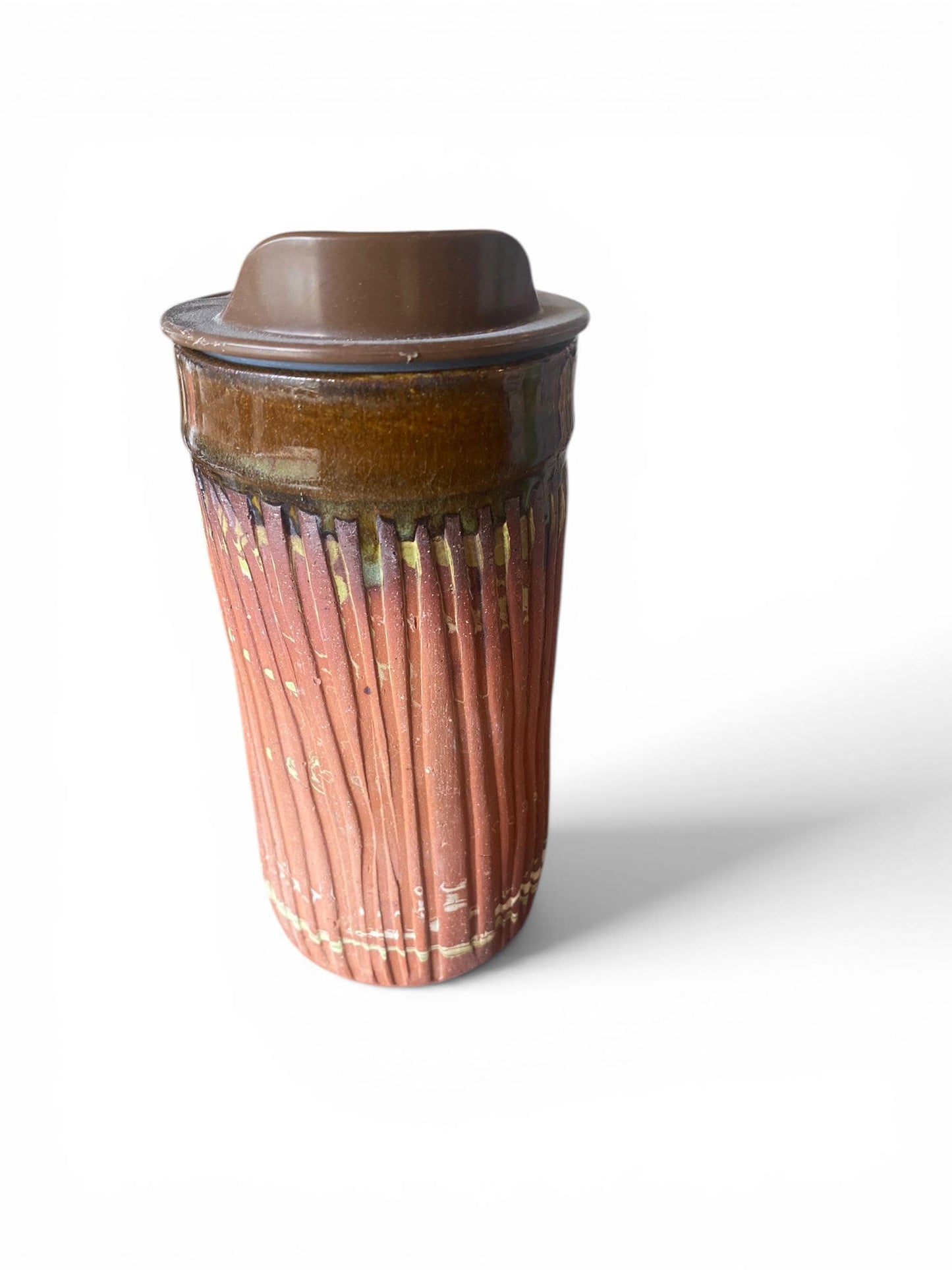 Handmade Agateware Travel Mug - Carved Pottery Coffee Cup, Hand Thrown Stoneware Commuter Tumbler (AG-8)