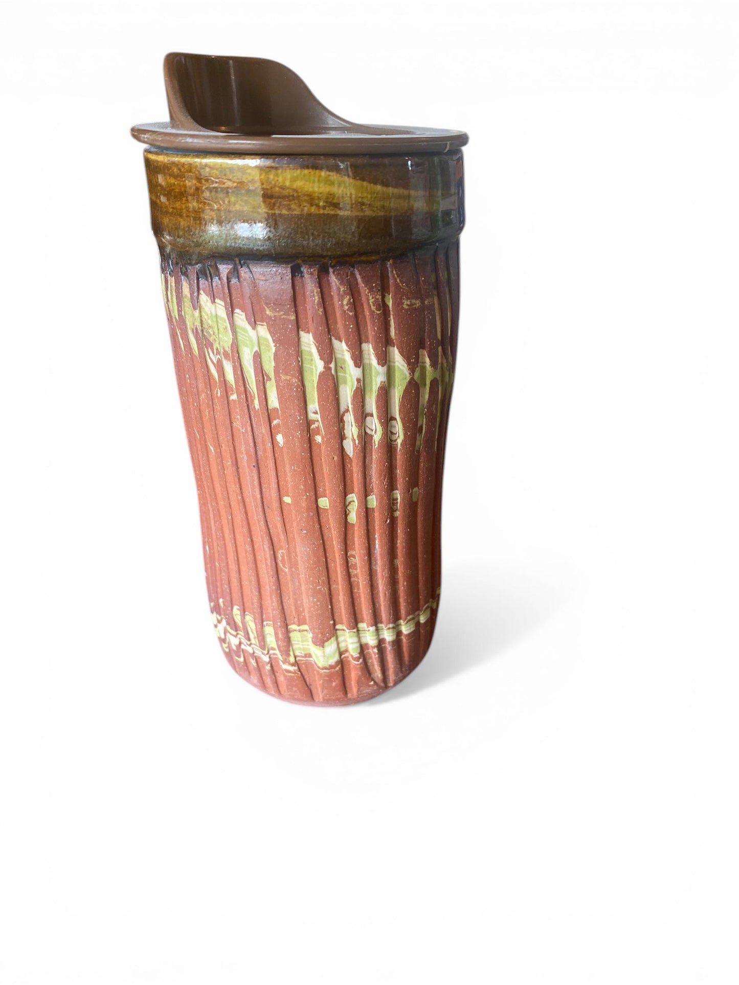Handmade Agateware Travel Mug - Carved Pottery Coffee Cup, Hand Thrown Stoneware Commuter Tumbler (AG-8)