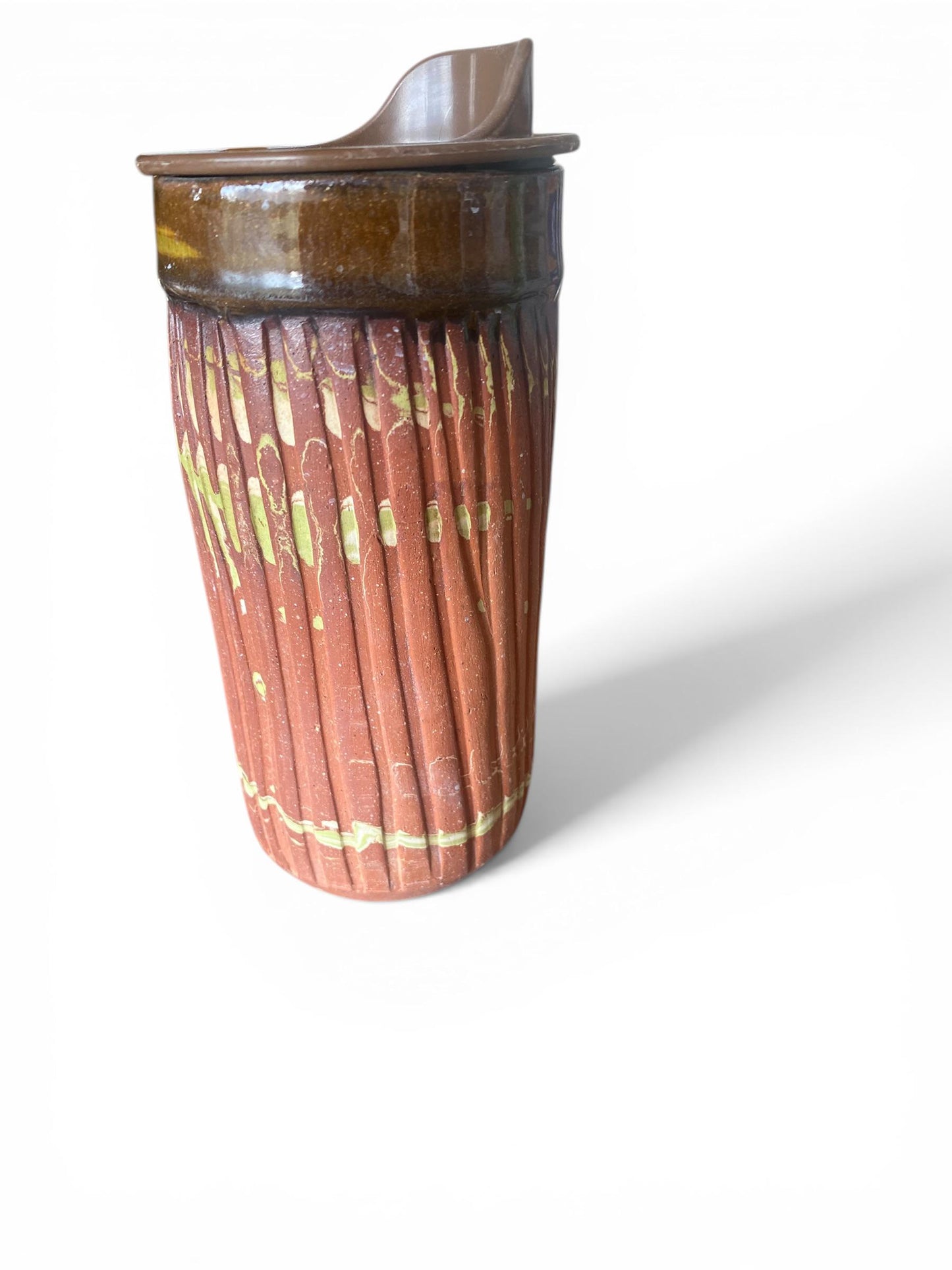 Handmade Agateware Travel Mug - Carved Pottery Coffee Cup, Hand Thrown Stoneware Commuter Tumbler (AG-8)