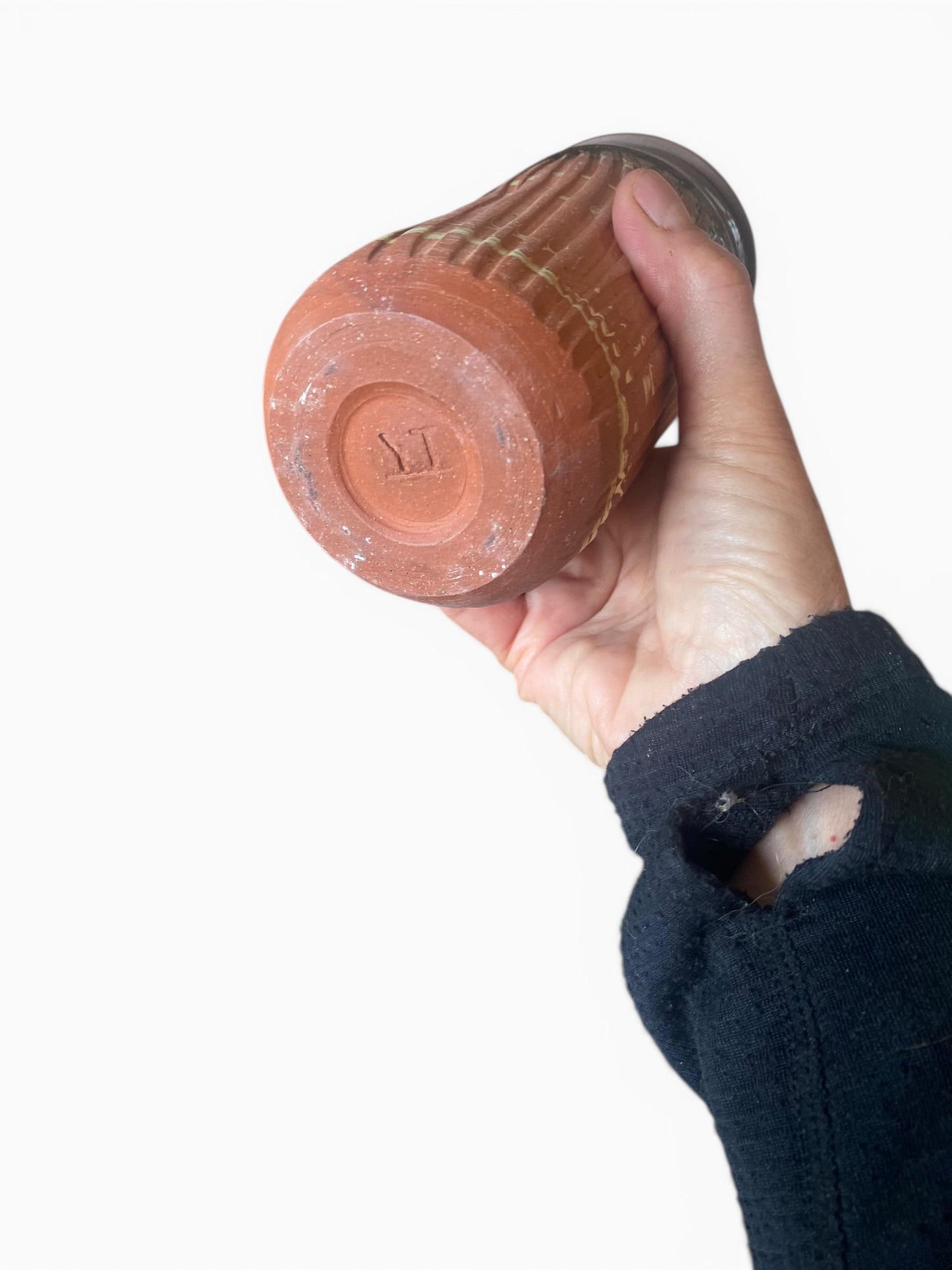 Handmade Agateware Travel Mug - Carved Pottery Coffee Cup, Hand Thrown Stoneware Commuter Tumbler (AG-8)