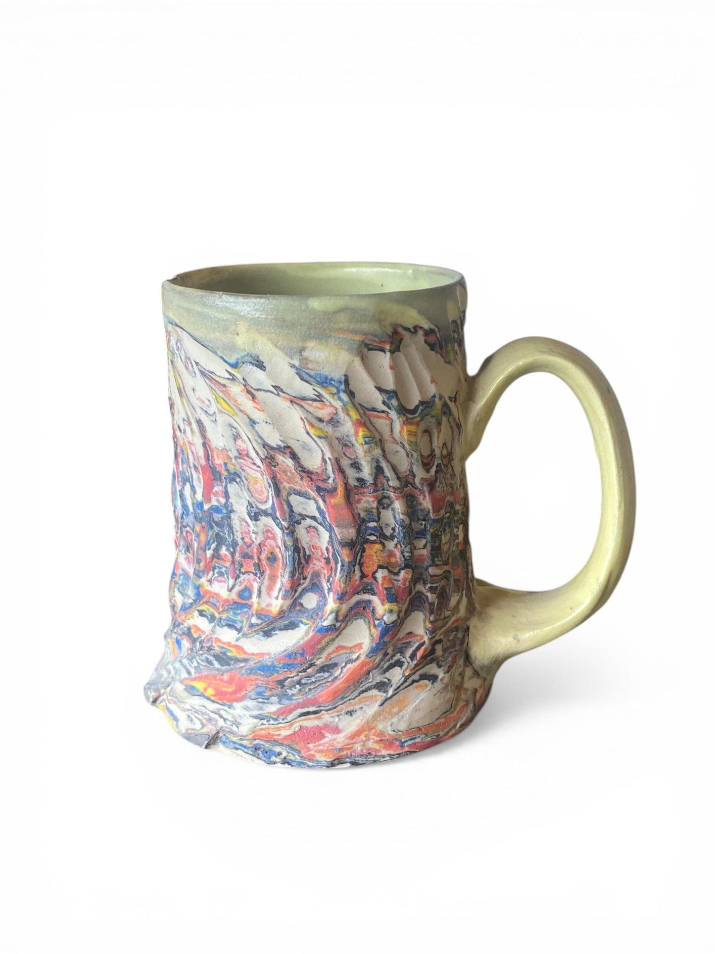 Handcrafted Handcarved 10 Ounce Porcelain Travel Mug: Pottery Coffee Cup with Yellow Accents (AG-14)