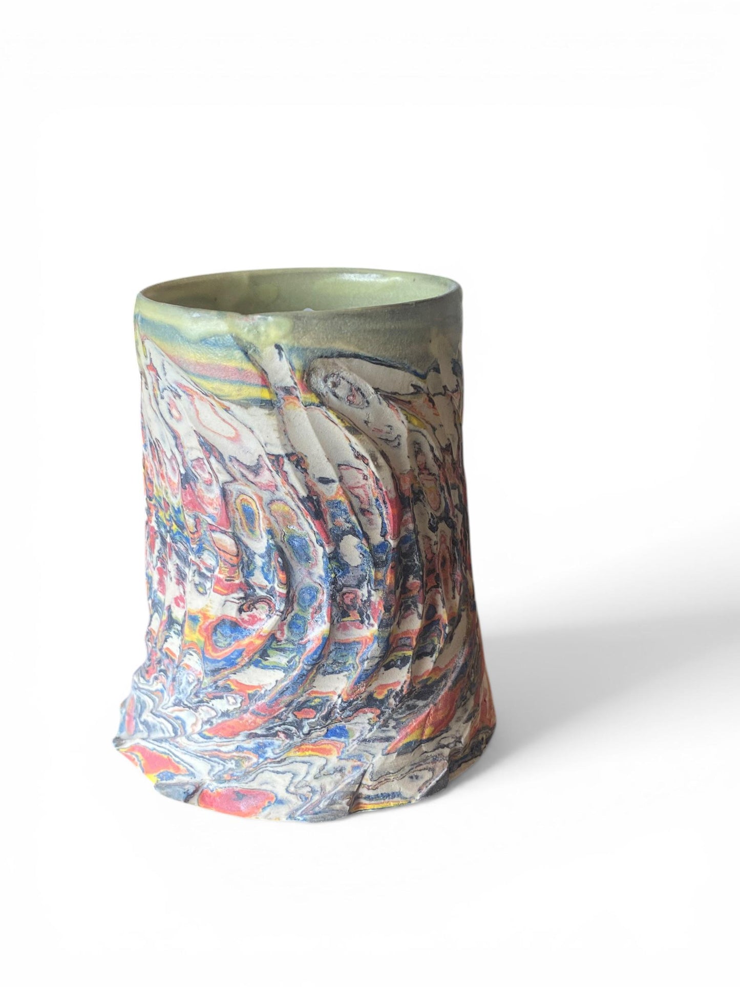 Handcrafted Handcarved 10 Ounce Porcelain Travel Mug: Pottery Coffee Cup with Yellow Accents (AG-14)