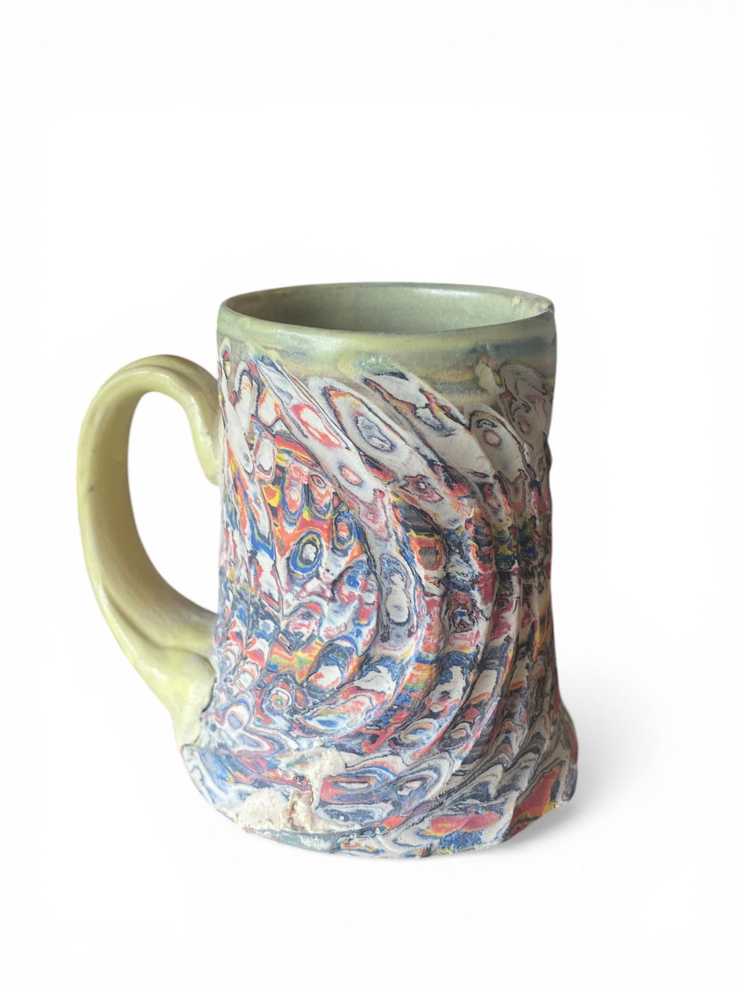 Handcrafted Handcarved 10 Ounce Porcelain Travel Mug: Pottery Coffee Cup with Yellow Accents (AG-14)