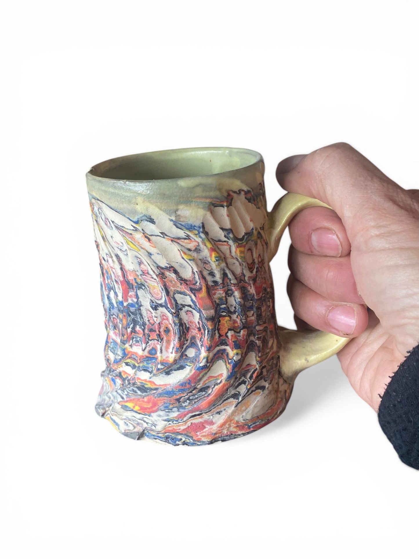 Handcrafted Handcarved 10 Ounce Porcelain Travel Mug: Pottery Coffee Cup with Yellow Accents (AG-14)