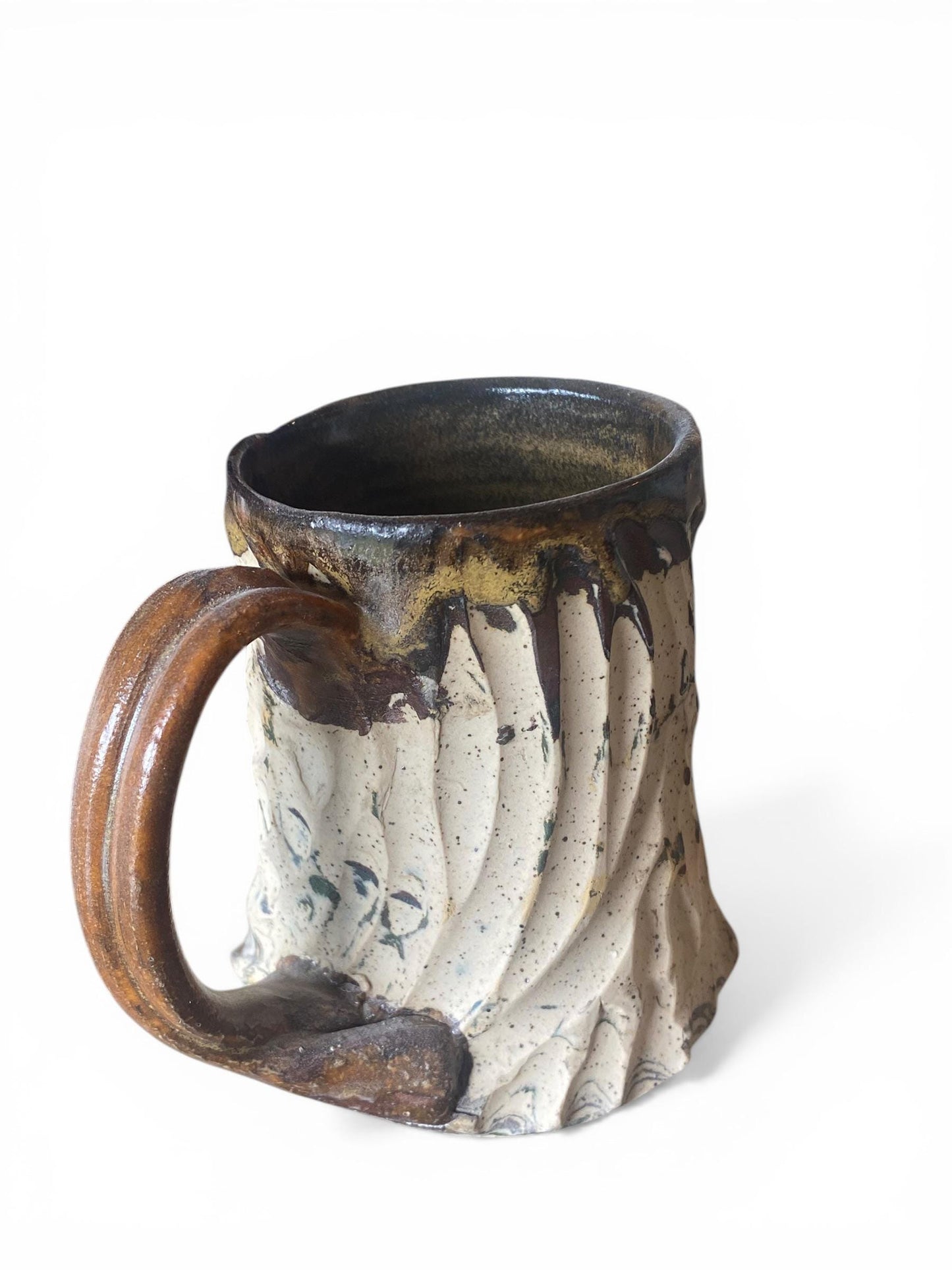 Handcrafted Handcarved 10 Ounce Porcelain Travel Mug: Pottery Coffee Cup with Brown and Yellow Accents (AG-15)