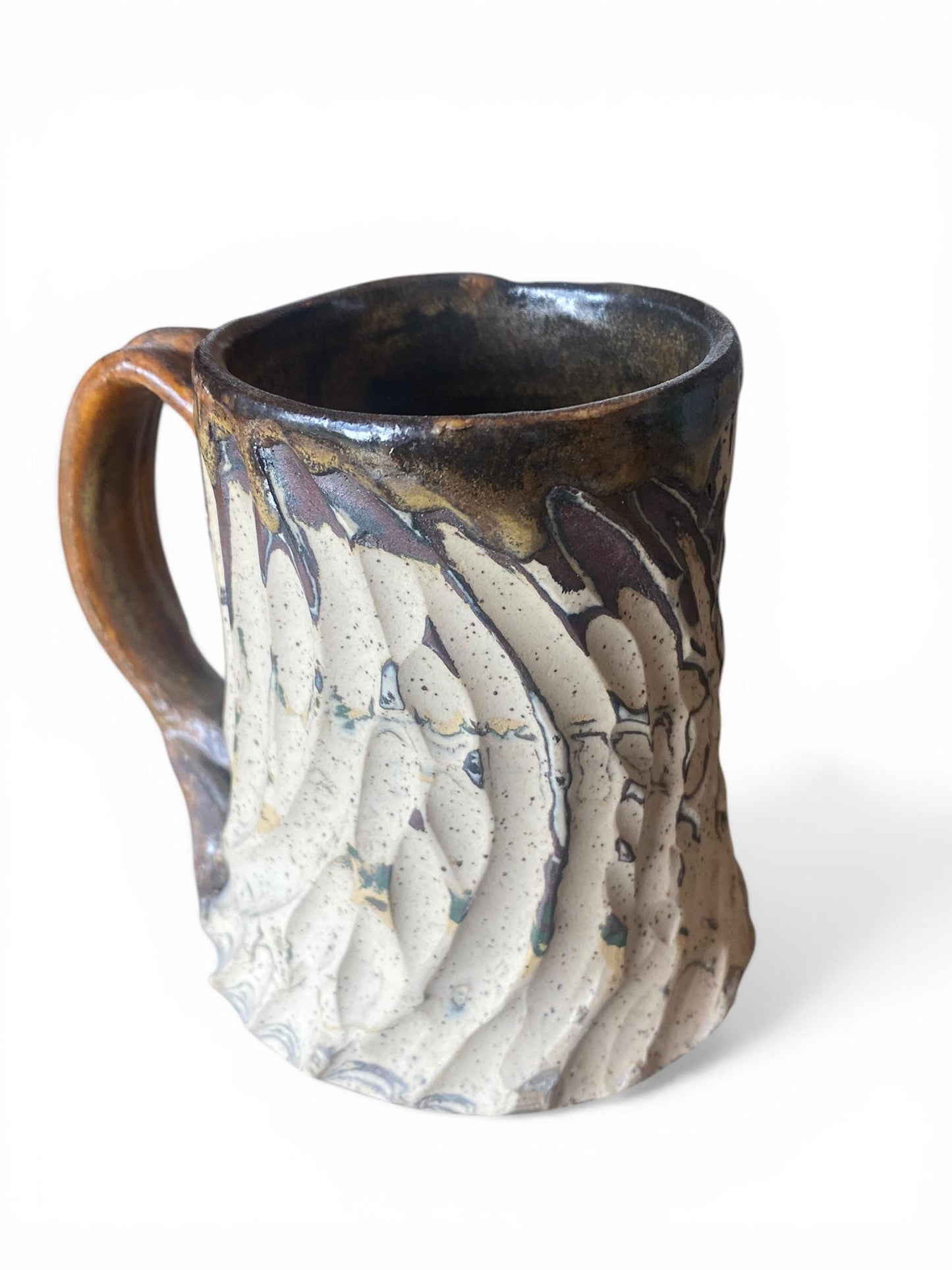Handcrafted Handcarved 10 Ounce Porcelain Travel Mug: Pottery Coffee Cup with Brown and Yellow Accents (AG-15)