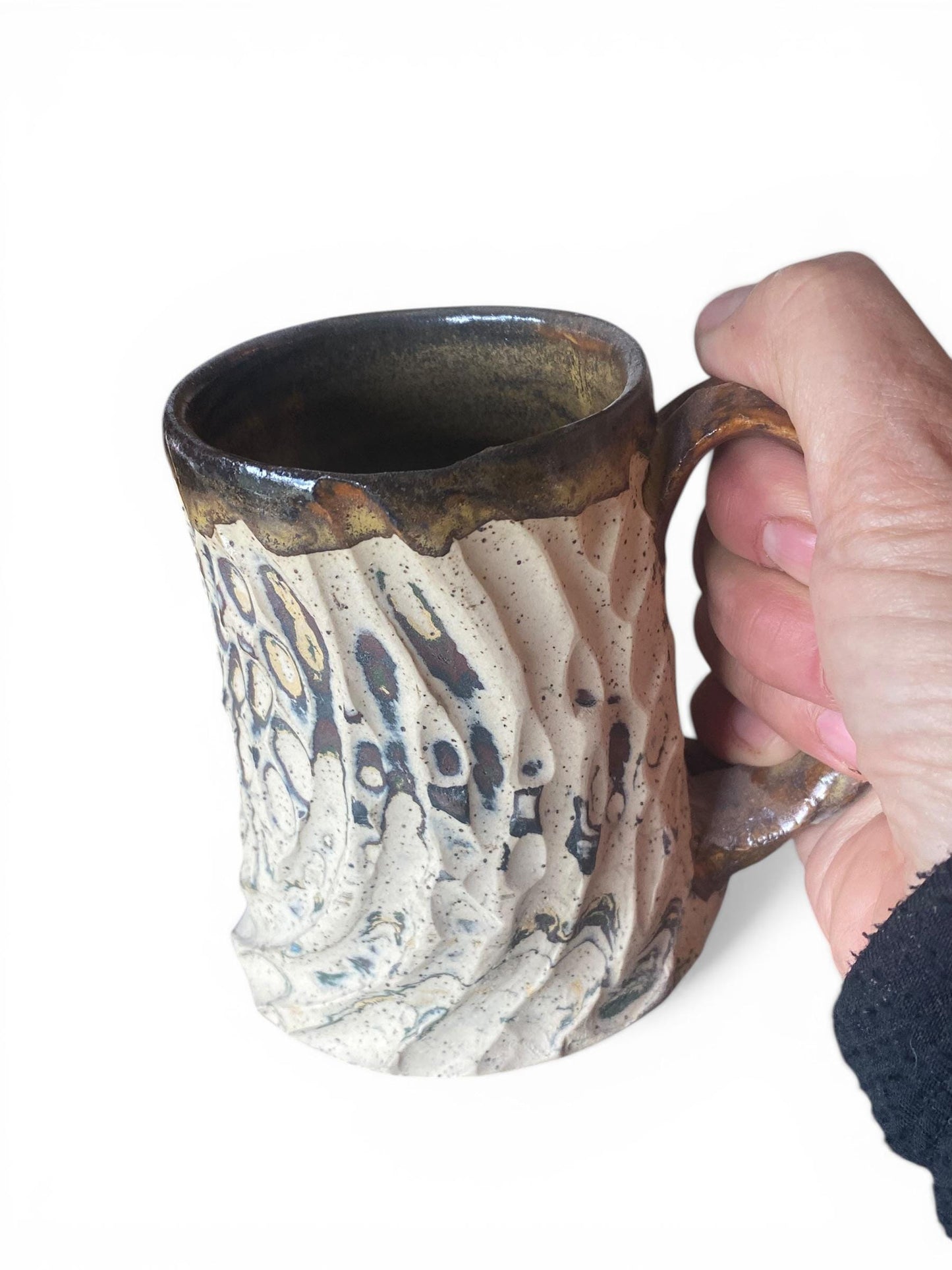 Handcrafted Handcarved 10 Ounce Porcelain Travel Mug: Pottery Coffee Cup with Brown and Yellow Accents (AG-15)