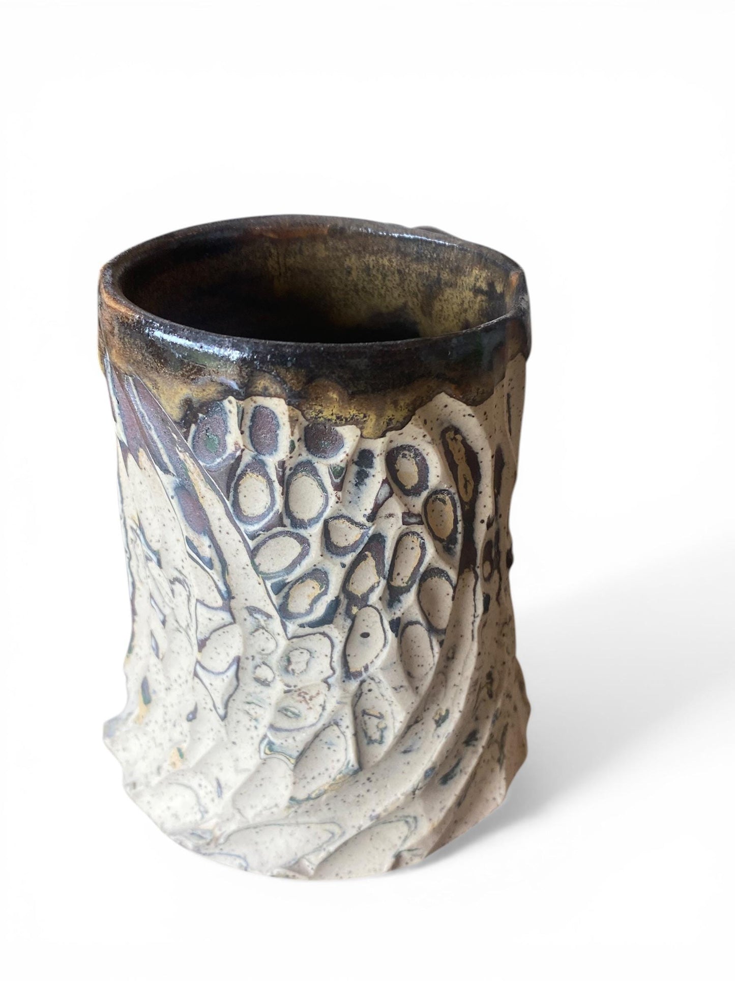 Handcrafted Handcarved 10 Ounce Porcelain Travel Mug: Pottery Coffee Cup with Brown and Yellow Accents (AG-15)