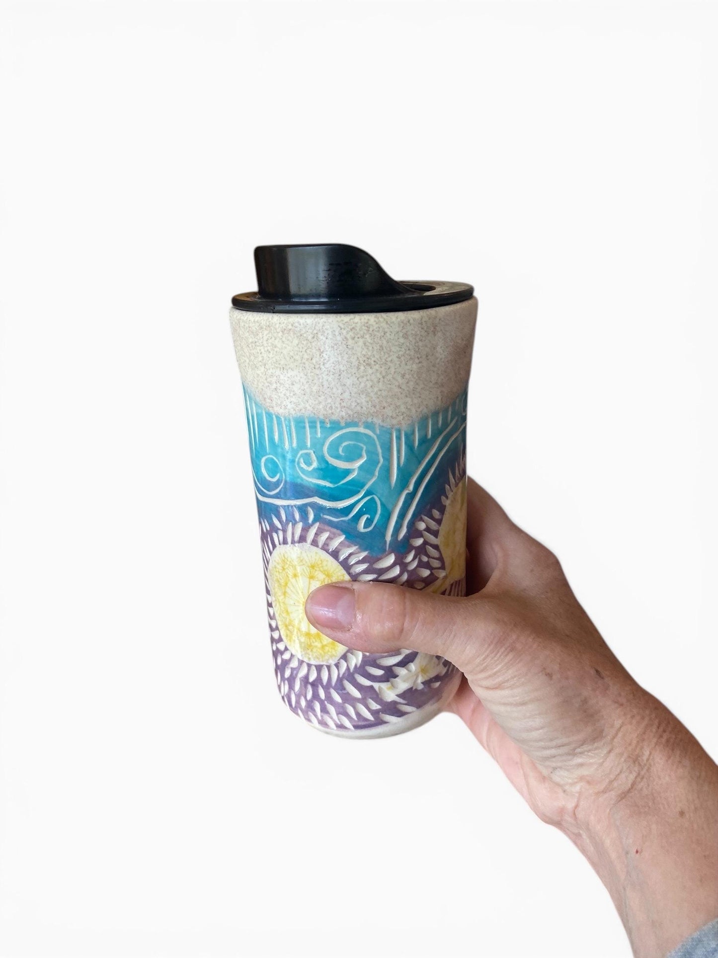 Hand Painted 16-Ounce Dandelion Travel Mug With BPA Free Locking Lid