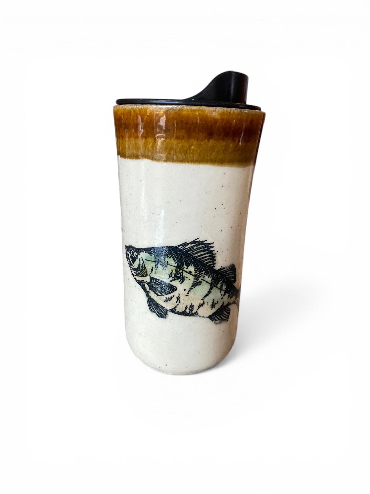 Artisanal Perch Fish Chasing Lure Porcelain Travel Mug: 16oz Handmade Stoneware Coffee Cup for Fishing Enthusiasts