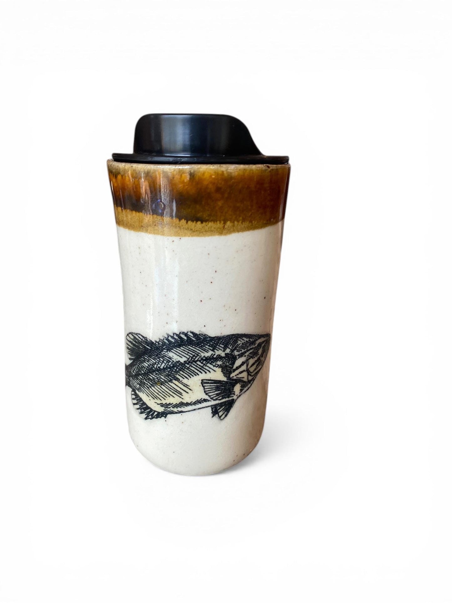 Artisanal Bass Chasing Lure Porcelain Travel Mug: 16oz Handmade Stoneware Coffee Cup for Fishing Enthusiasts