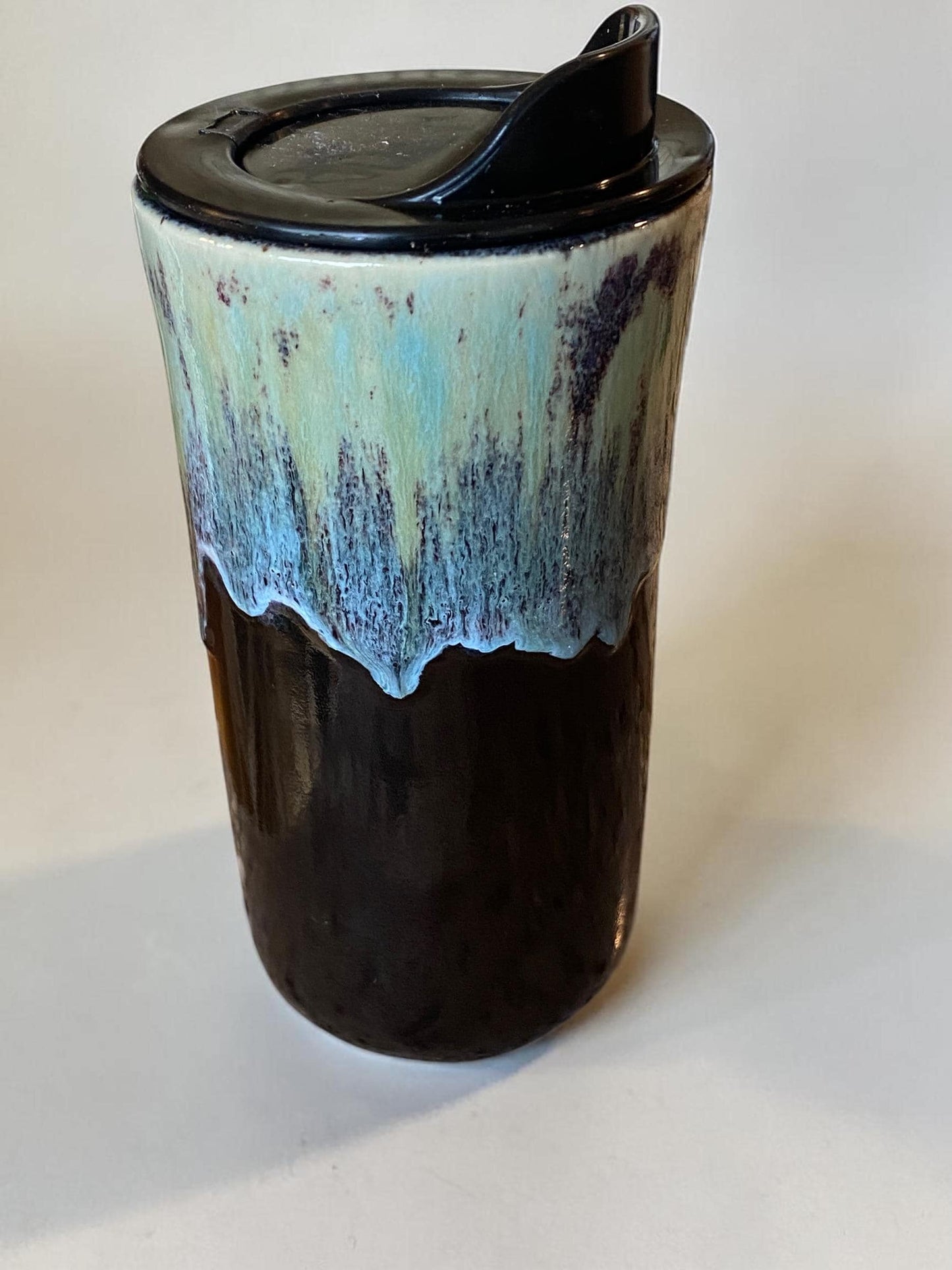 Artisan 16 oz Reactive Turquoise & Black Porcelain Travel Mug | Handmade Ceramic Coffee Cup for Commuters