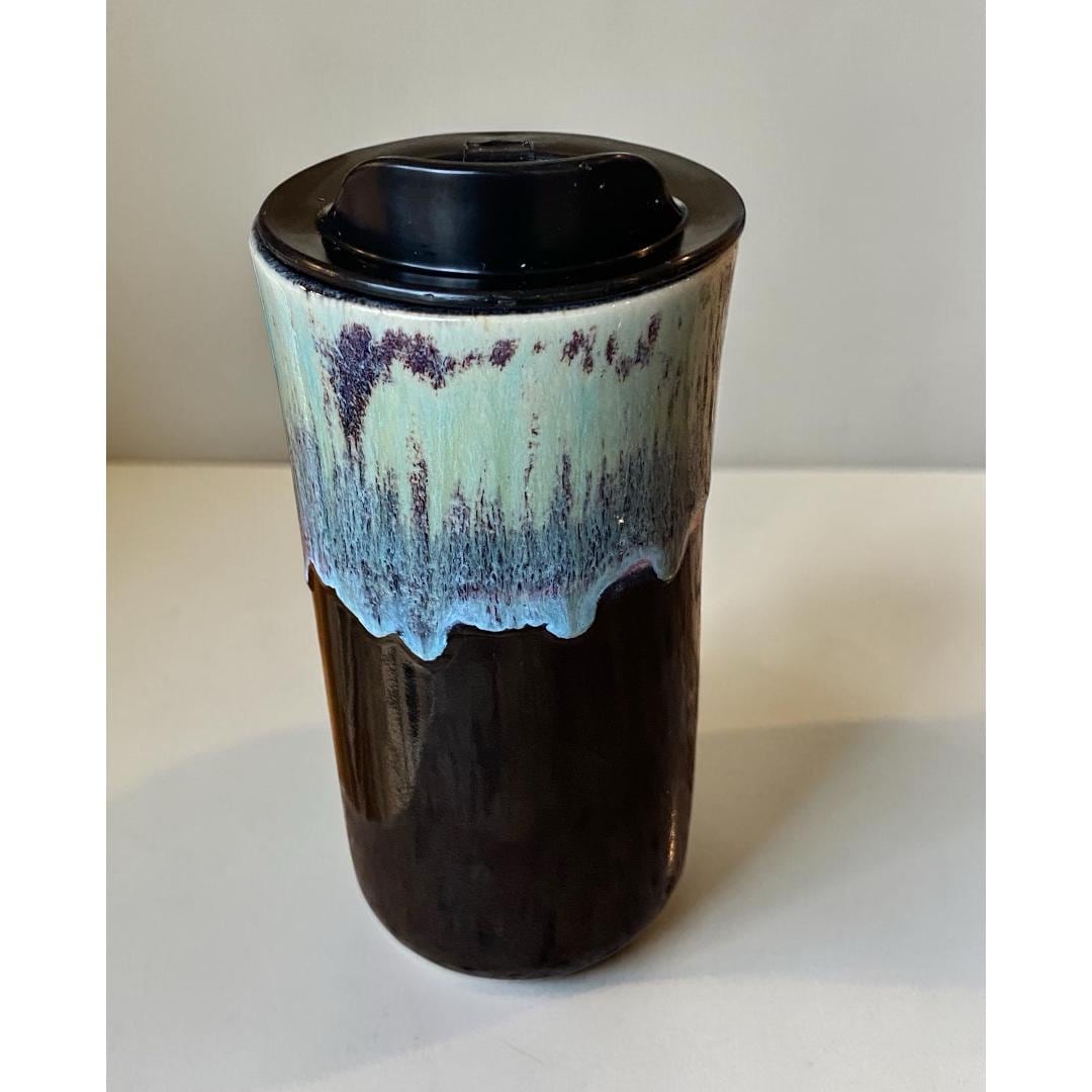 Artisan 16 oz Reactive Turquoise & Black Porcelain Travel Mug | Handmade Ceramic Coffee Cup for Commuters