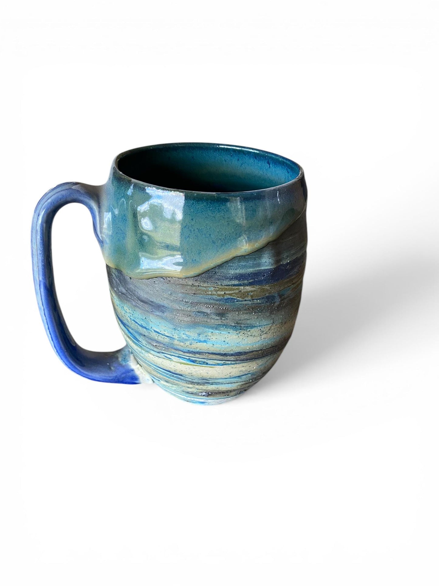 Handmade Agateware Coffee Mug Glazed in Soft Blues - 20-Ounce Pottery Tea Mug