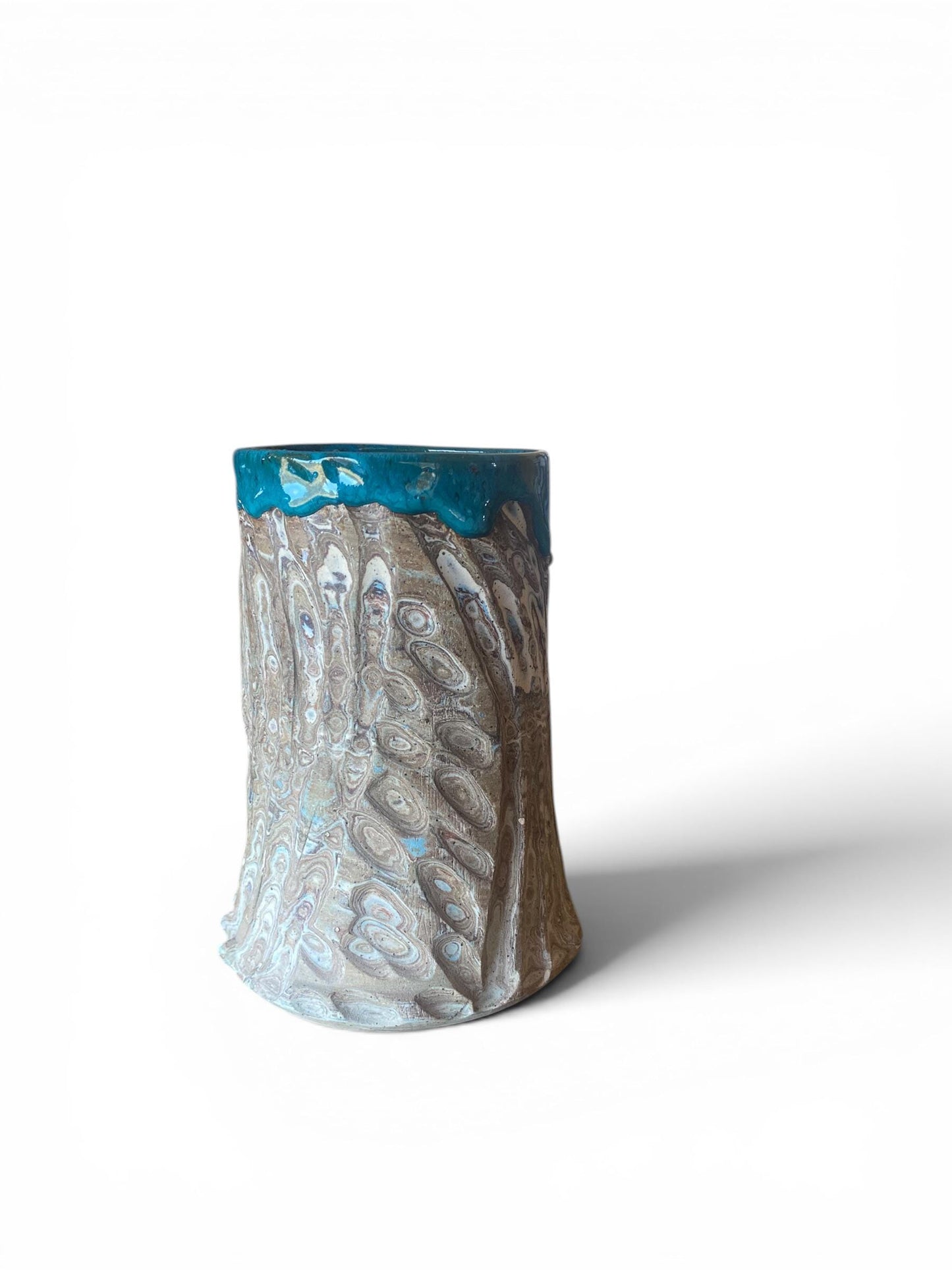 Fluted Porcelain Mug – Swirled Colored Clays with Japanese Neriage, Hand-Carved, Satin-Smooth Unglazed Pottery (T-1)