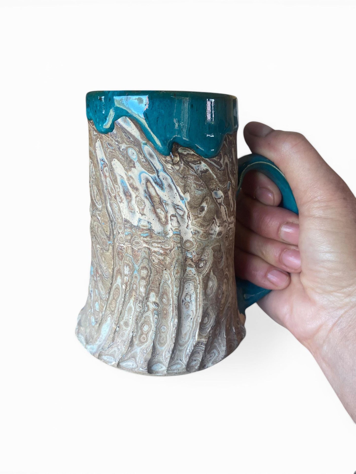 Fluted Porcelain Mug – Swirled Colored Clays with Japanese Neriage, Hand-Carved, Satin-Smooth Unglazed Pottery (T-1)