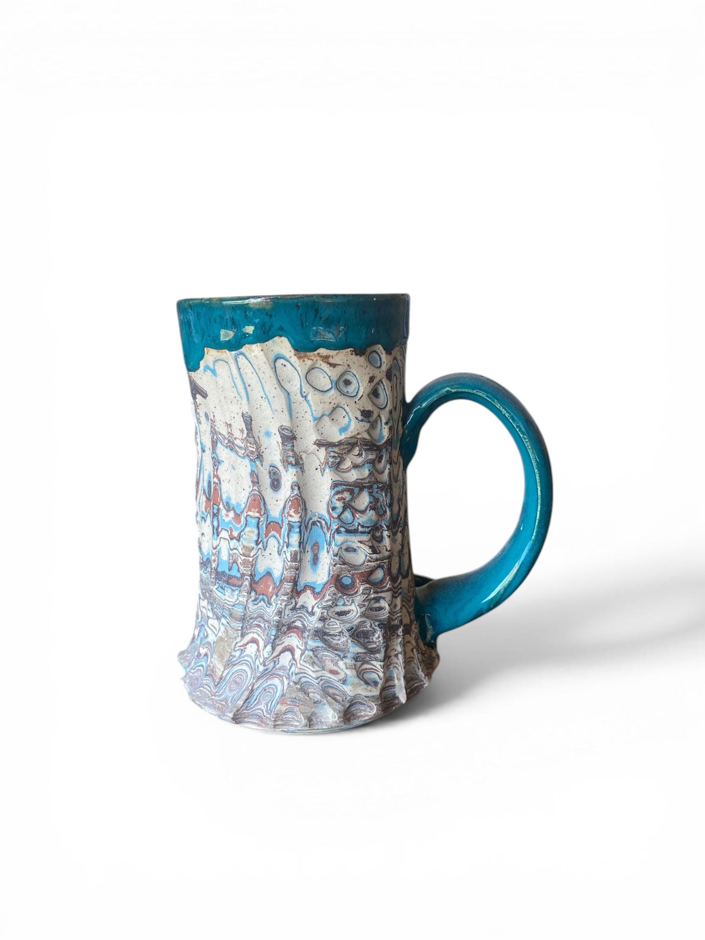 Fluted Porcelain Mug – Swirled Colored Clays with Japanese Neriage, Hand-Carved, Satin-Smooth Unglazed Pottery (T-2)