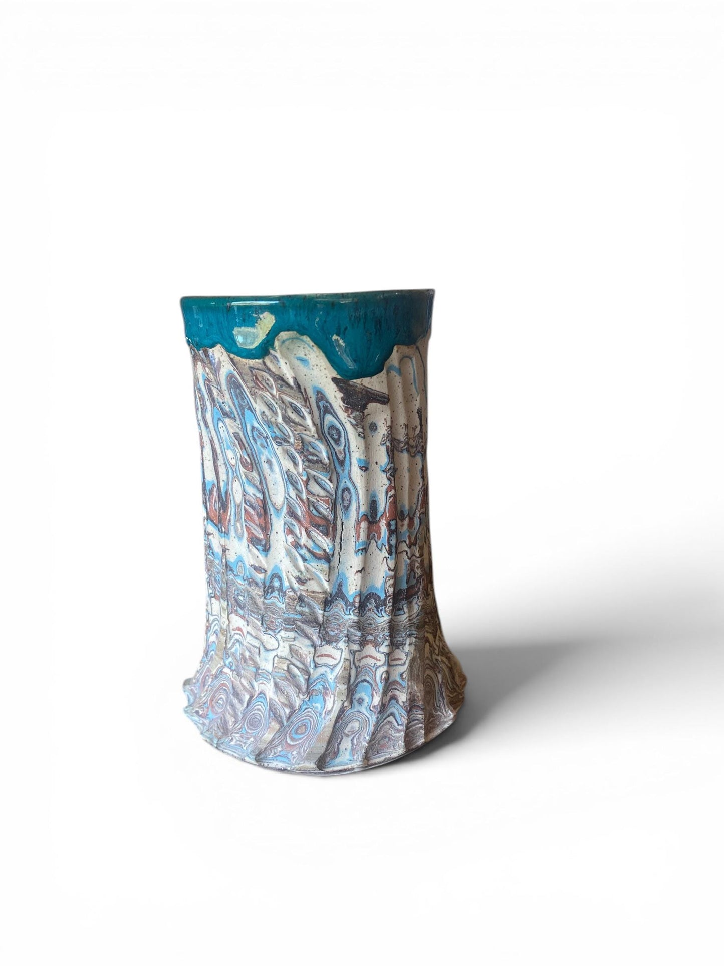 Fluted Porcelain Mug – Swirled Colored Clays with Japanese Neriage, Hand-Carved, Satin-Smooth Unglazed Pottery (T-2)