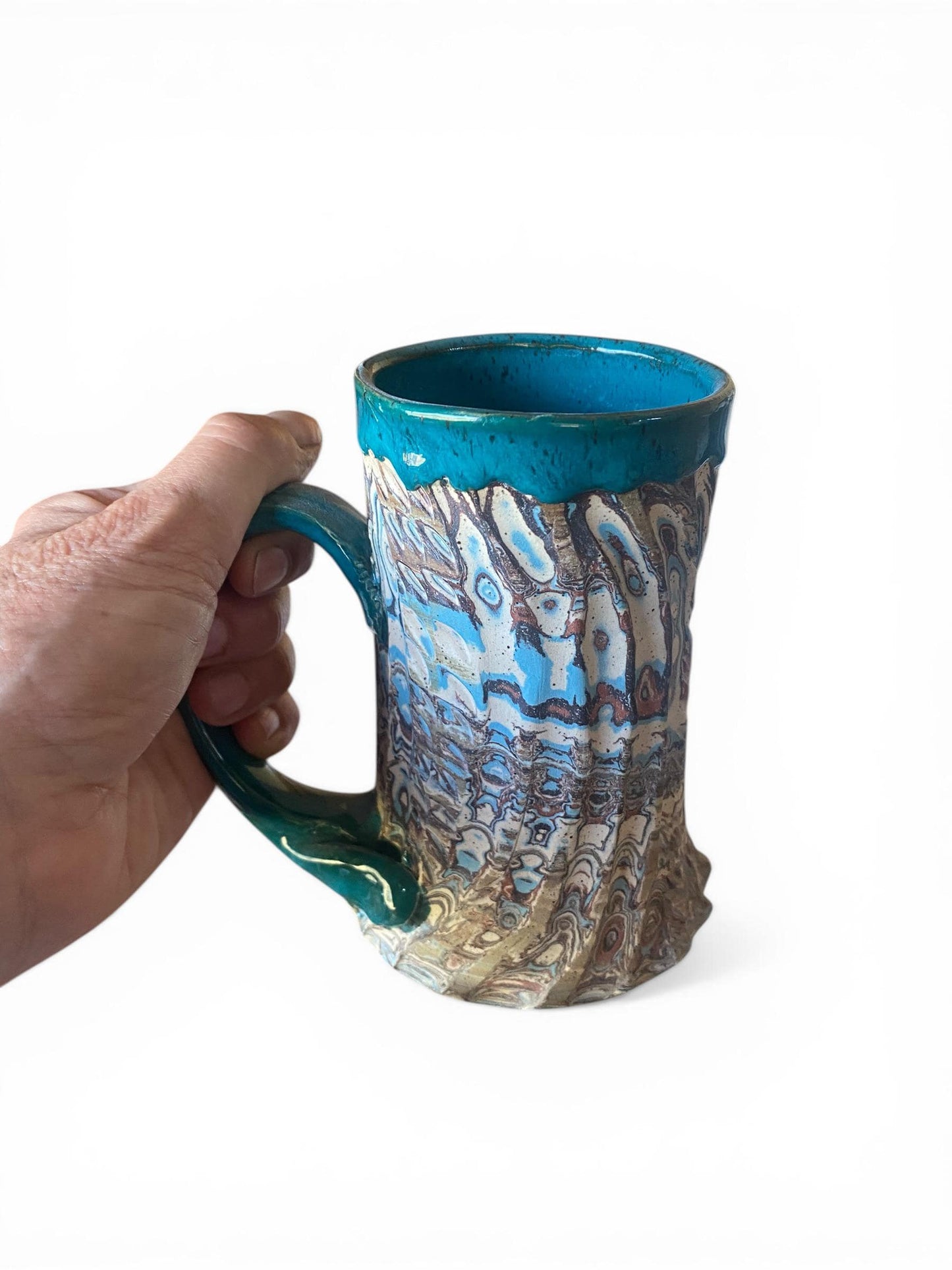 Fluted Porcelain Mug – Swirled Colored Clays with Japanese Neriage, Hand-Carved, Satin-Smooth Unglazed Pottery (T-2)