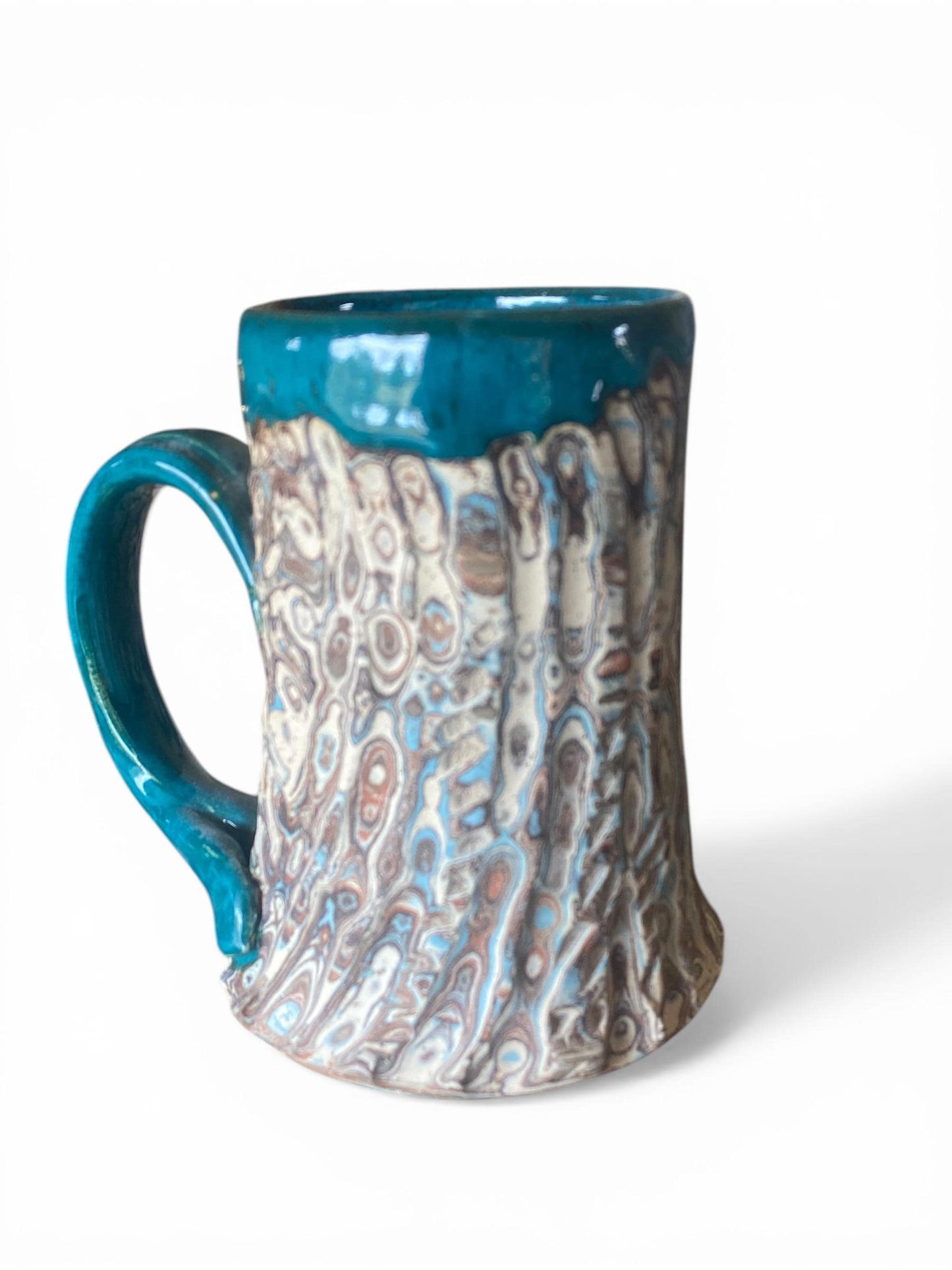 Fluted Porcelain Mug – Swirled Colored Clays with Japanese Neriage, Hand-Carved, Satin-Smooth Unglazed Pottery (T-3)