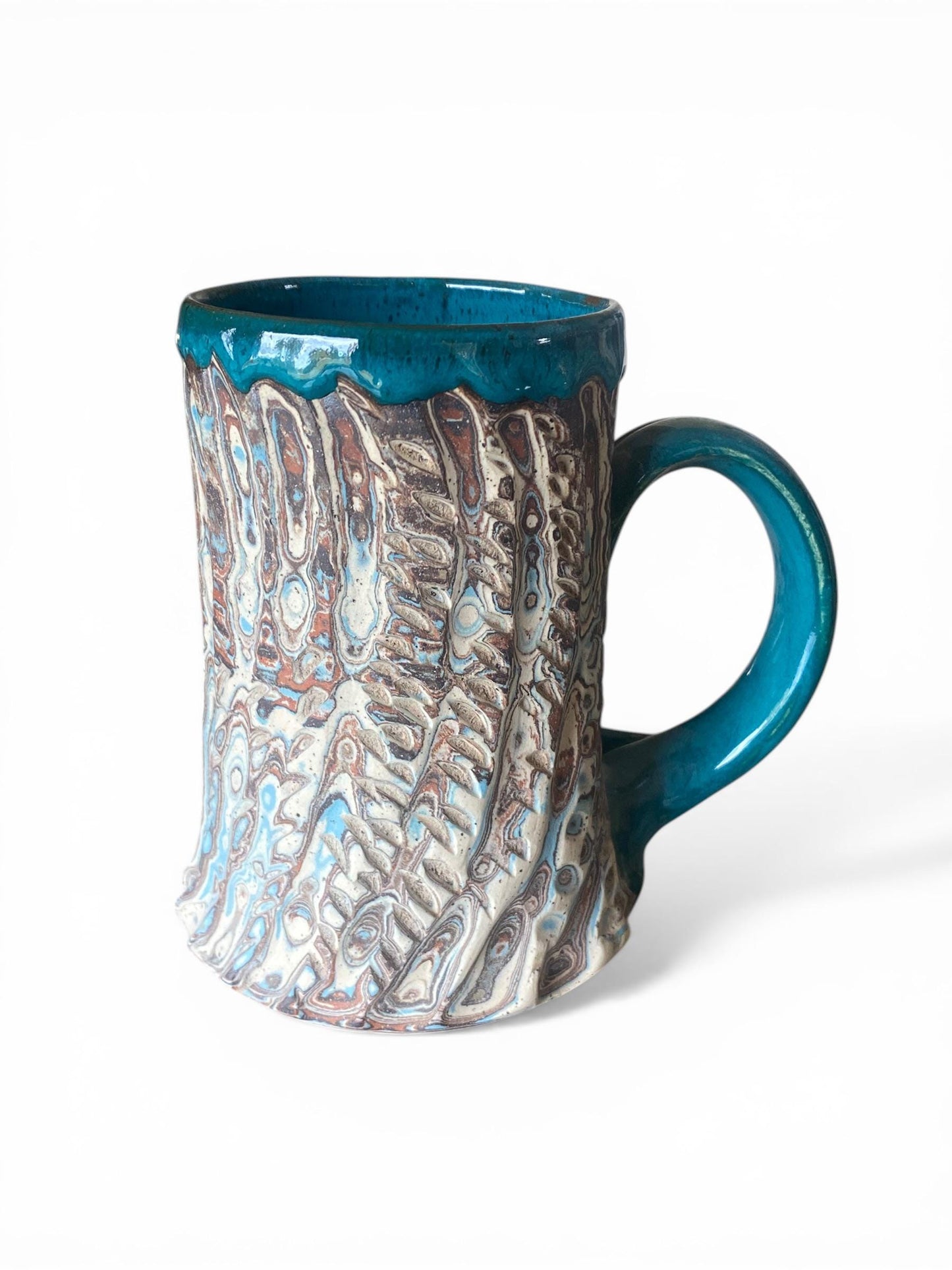 Fluted Porcelain Mug – Swirled Colored Clays with Japanese Neriage, Hand-Carved, Satin-Smooth Unglazed Pottery (T-3)
