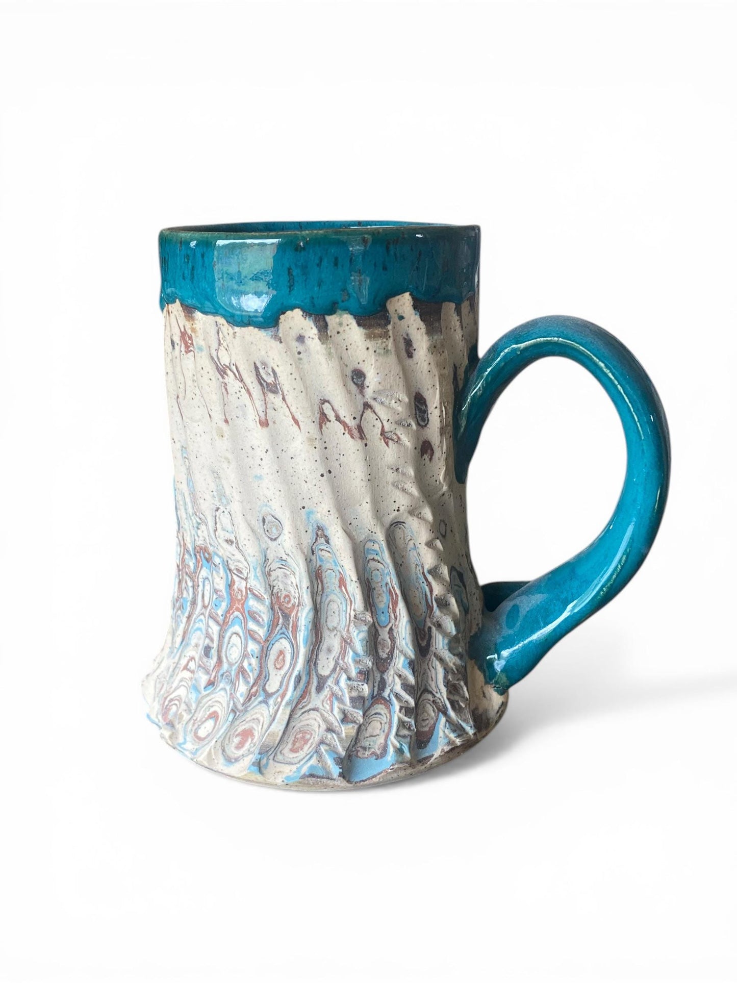 Fluted Porcelain Mug – Swirled Colored Clays with Japanese Neriage, Hand-Carved, Satin-Smooth Unglazed Pottery (T-4)