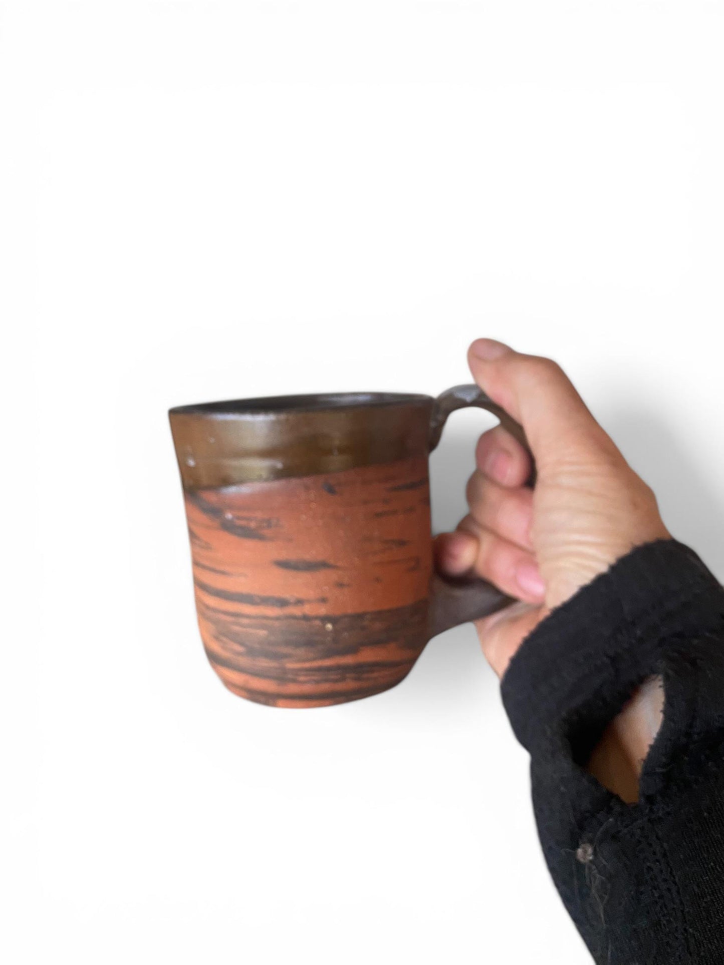 Handcrafted Agateware Mug with Cinnamon Glaze - Unique Marbled Black & White Pottery Coffee Cup (B-28)