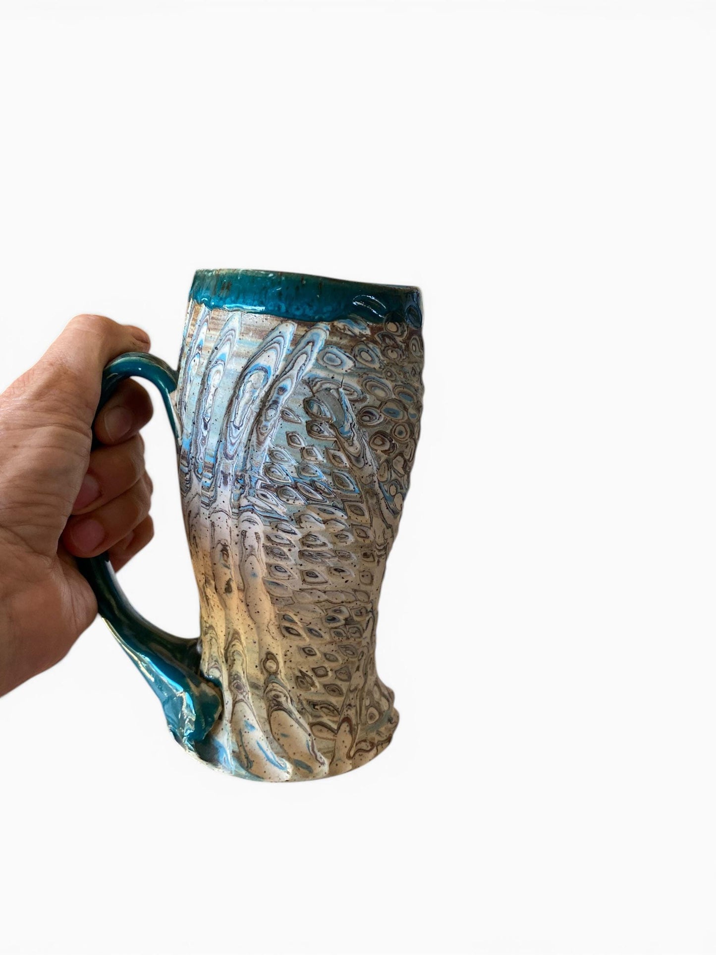 Fluted Porcelain Mug – Swirled Colored Clays with Japanese Neriage, Hand-Carved, Satin-Smooth Unglazed Pottery (T-7)