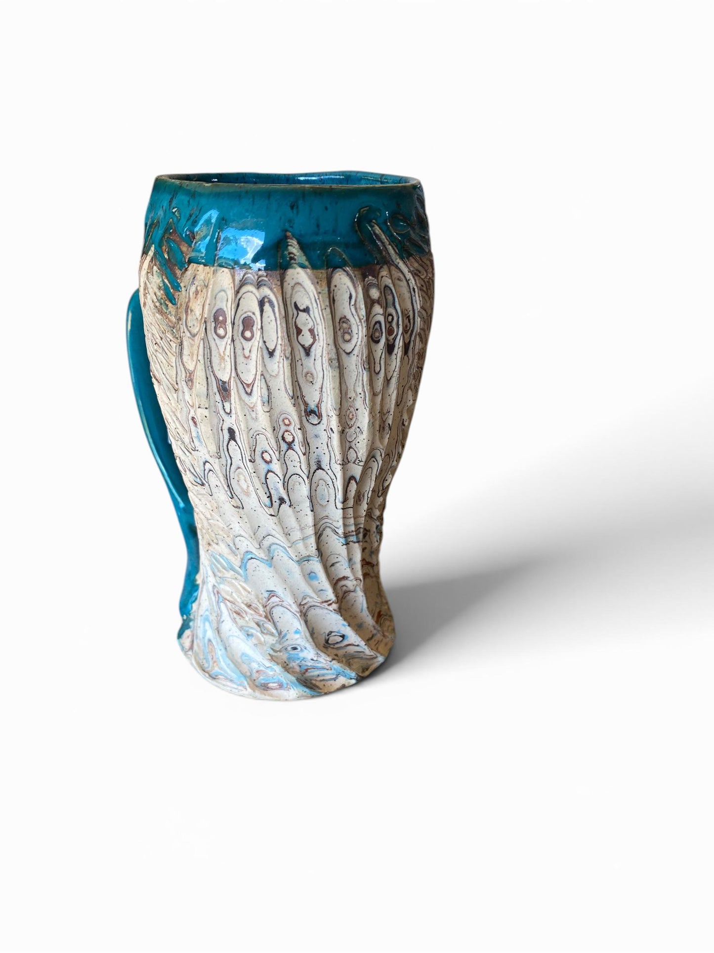 Fluted Porcelain Mug – Swirled Colored Clays with Japanese Neriage, Hand-Carved, Satin-Smooth Unglazed Pottery (T-8)