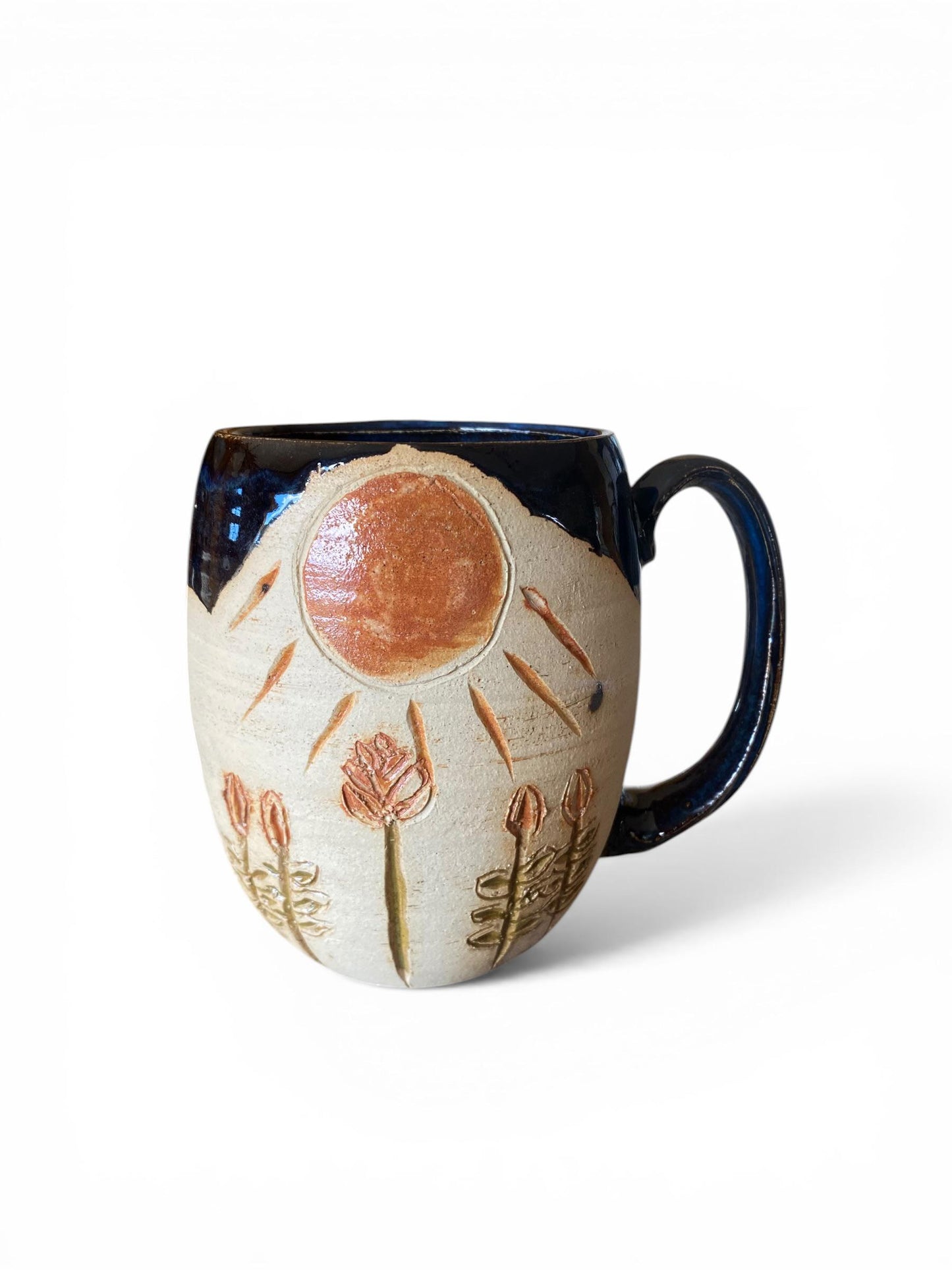 Handcrafted 16oz Carved Flower and Sun Mug - Unique Carved and Painted Pottery for Coffee & Tea Lovers