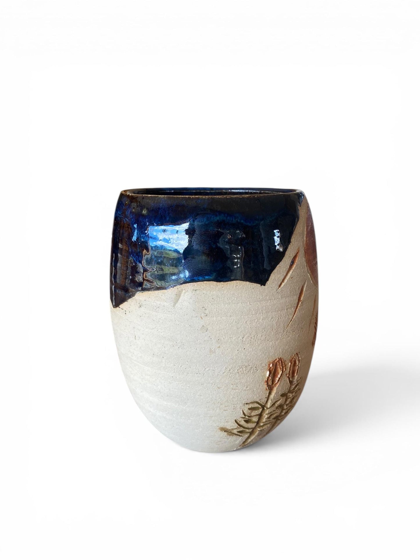 Handcrafted 16oz Carved Flower and Sun Mug - Unique Carved and Painted Pottery for Coffee & Tea Lovers