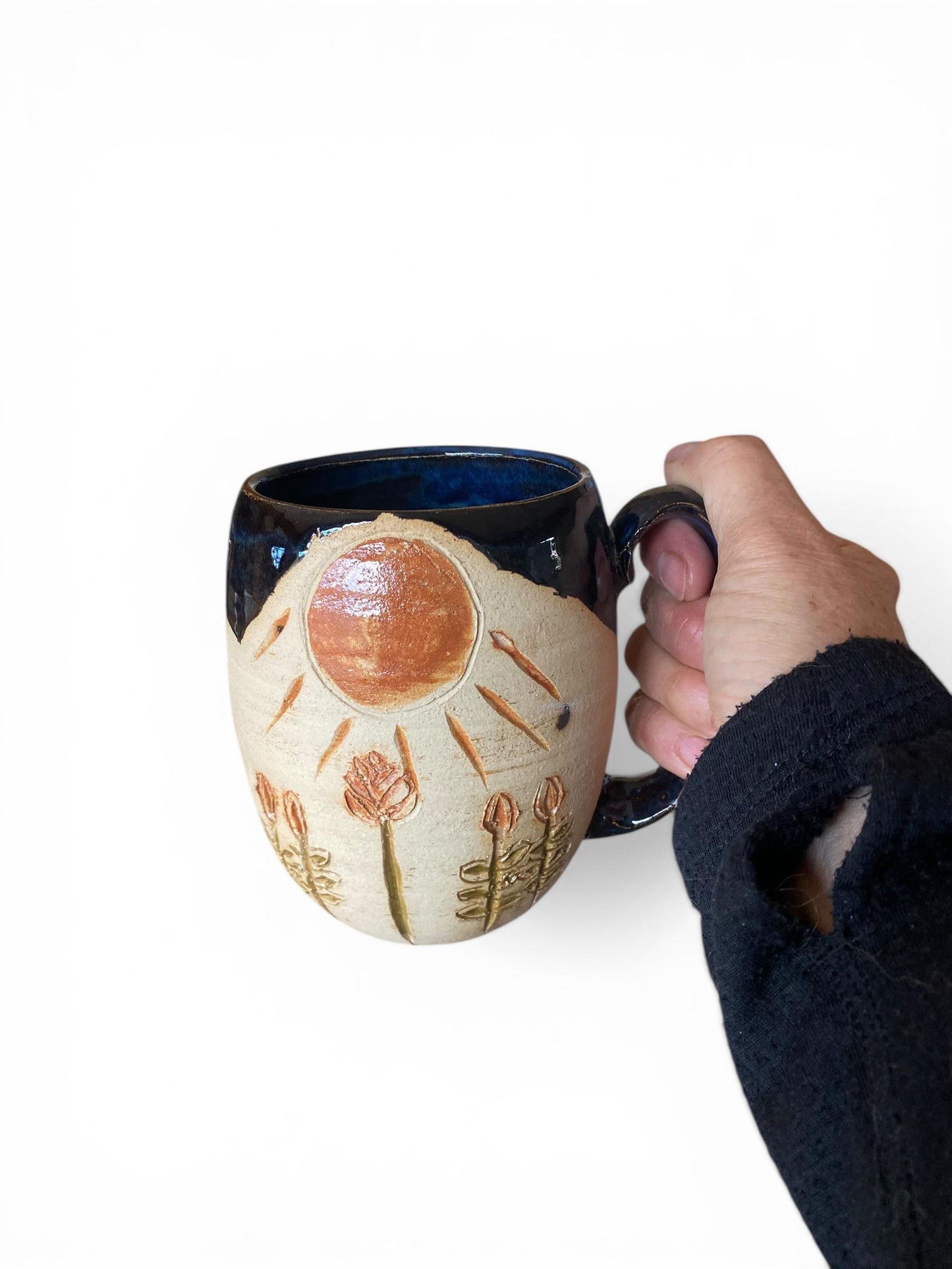 Handcrafted 16oz Carved Flower and Sun Mug - Unique Carved and Painted Pottery for Coffee & Tea Lovers