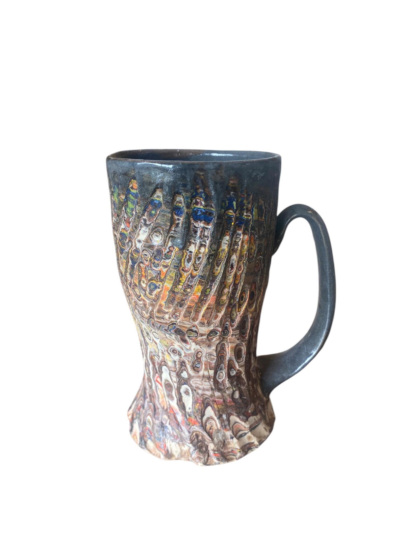 Artisanal Fluted 16 Ounce Porcelain Mug: Neriage Swirled Clays, Hand-Carved Satin-Smooth Unglazed Pottery (AG-4)