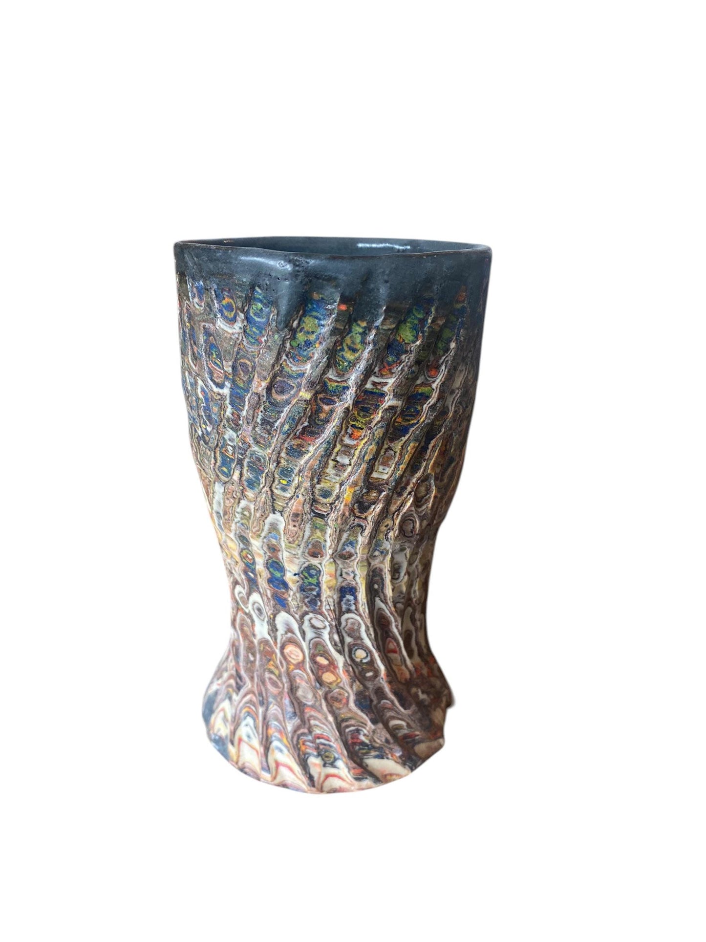 Artisanal Fluted 16 Ounce Porcelain Mug: Neriage Swirled Clays, Hand-Carved Satin-Smooth Unglazed Pottery (AG-4)