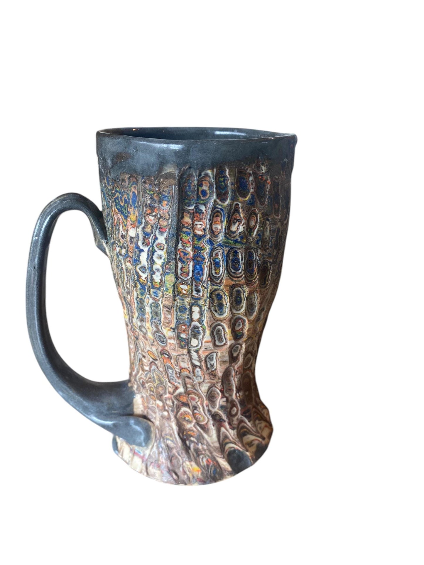 Artisanal Fluted 16 Ounce Porcelain Mug: Neriage Swirled Clays, Hand-Carved Satin-Smooth Unglazed Pottery (AG-4)