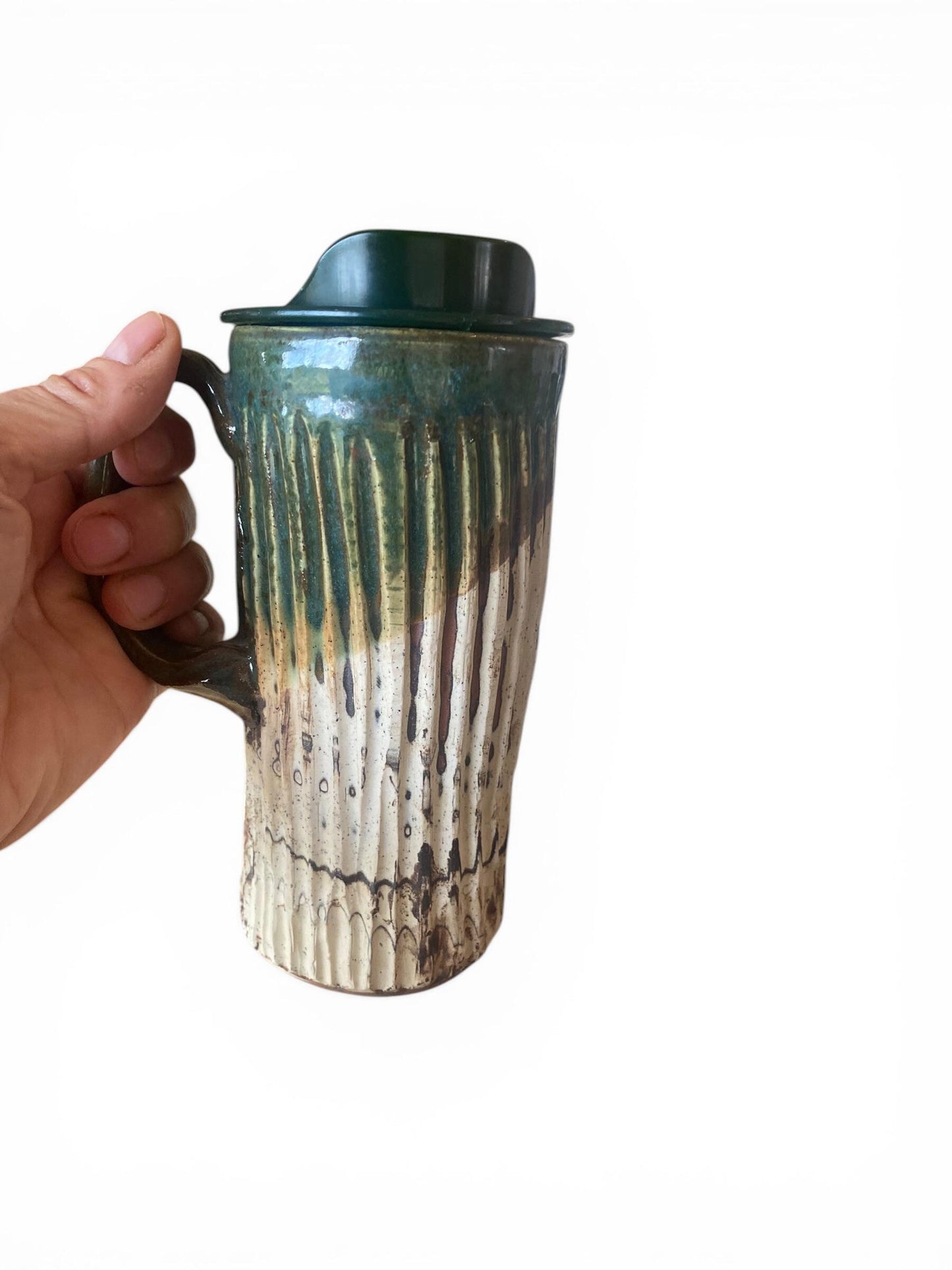 Handmade Agateware 16 OunceTravel Mug - Carved Pottery Coffee Cup, Hand Thrown Commuter Tumbler (AG-6)