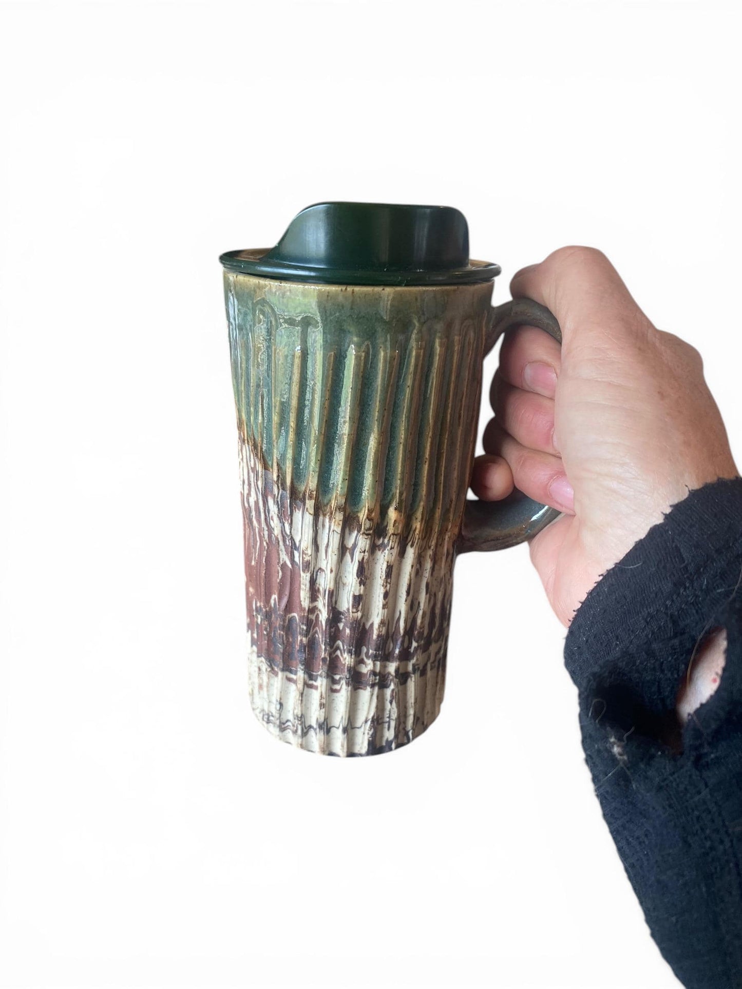 Handmade Agateware 16 OunceTravel Mug - Carved Pottery Coffee Cup, Hand Thrown Commuter Tumbler (AG-2)