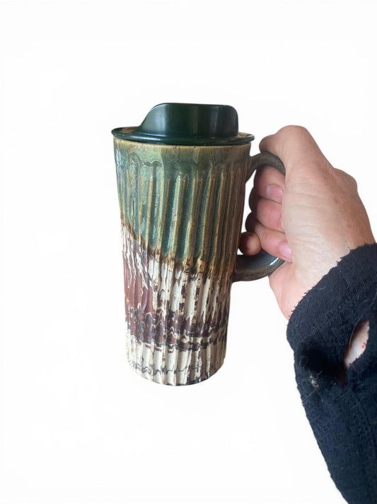 Handmade Agateware 16 OunceTravel Mug - Carved Pottery Coffee Cup, Hand Thrown Commuter Tumbler (AG-2)