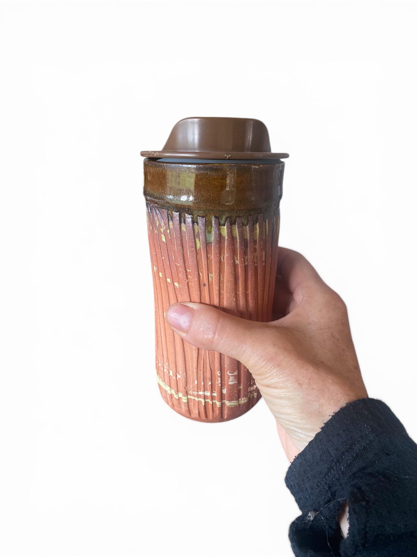Handmade Agateware Travel Mug - Carved Pottery Coffee Cup, Hand Thrown Stoneware Commuter Tumbler (AG-8)