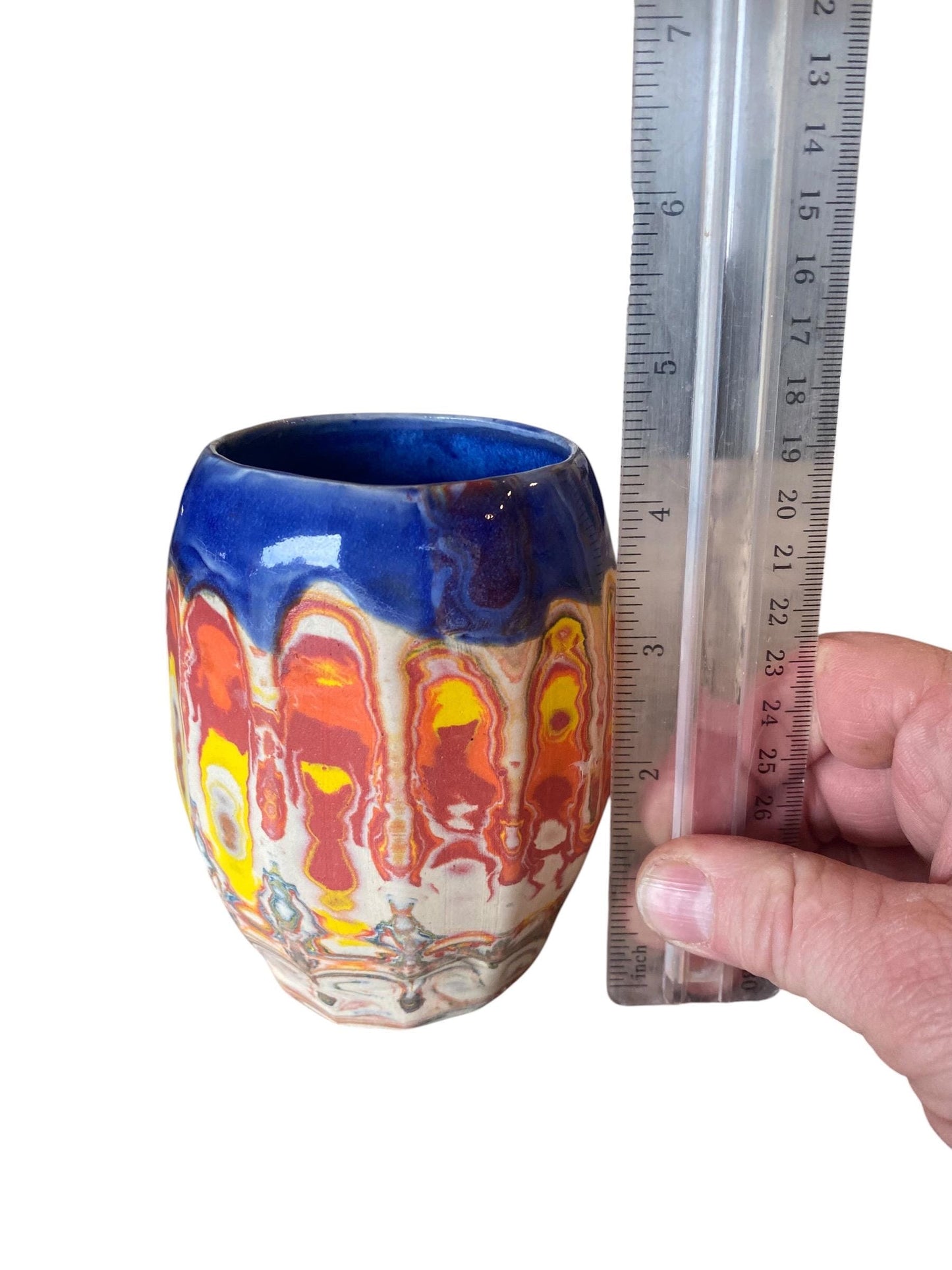 Artisanal Fluted 16 Ounce Porcelain Mug: Neriage Swirled Clays, Hand-Carved Satin-Smooth Pottery (D-35)