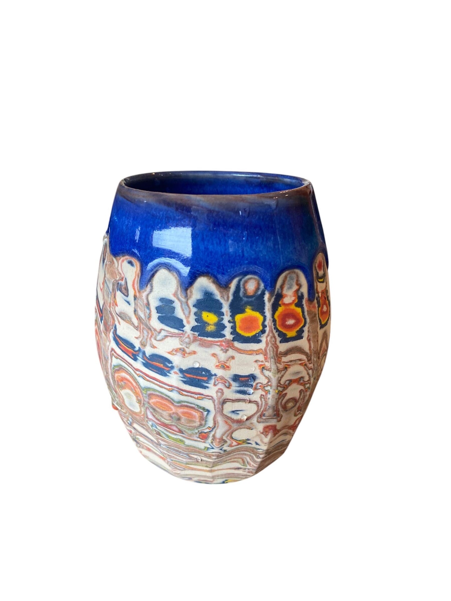 Artisanal Fluted 16 Ounce Porcelain Mug: Neriage Swirled Clays, Hand-Carved Satin-Smooth Pottery (D-34)