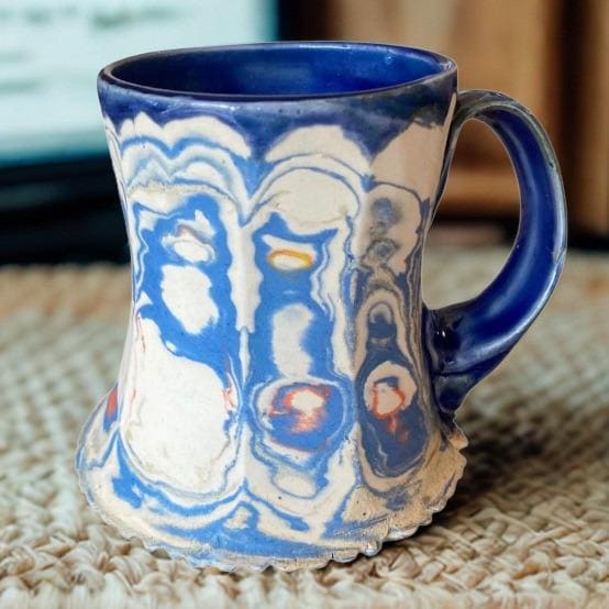 Artisanal Fluted 14 Ounce Porcelain Mug: Neriage Swirled Clays, Hand-Carved Satin-Smooth Pottery (D-30)