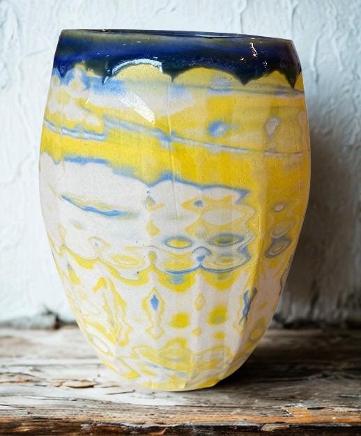 Artisanal Fluted 22 Ounce Porcelain Mug: Neriage Swirled Clays, Hand-Carved Satin-Smooth Pottery (D-31)